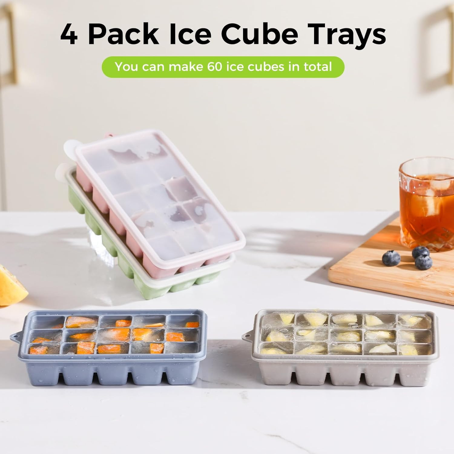 4-Pack Silicone Ice Cube Trays with Lid, Easy Release Ice Cube Molds, Reusable a