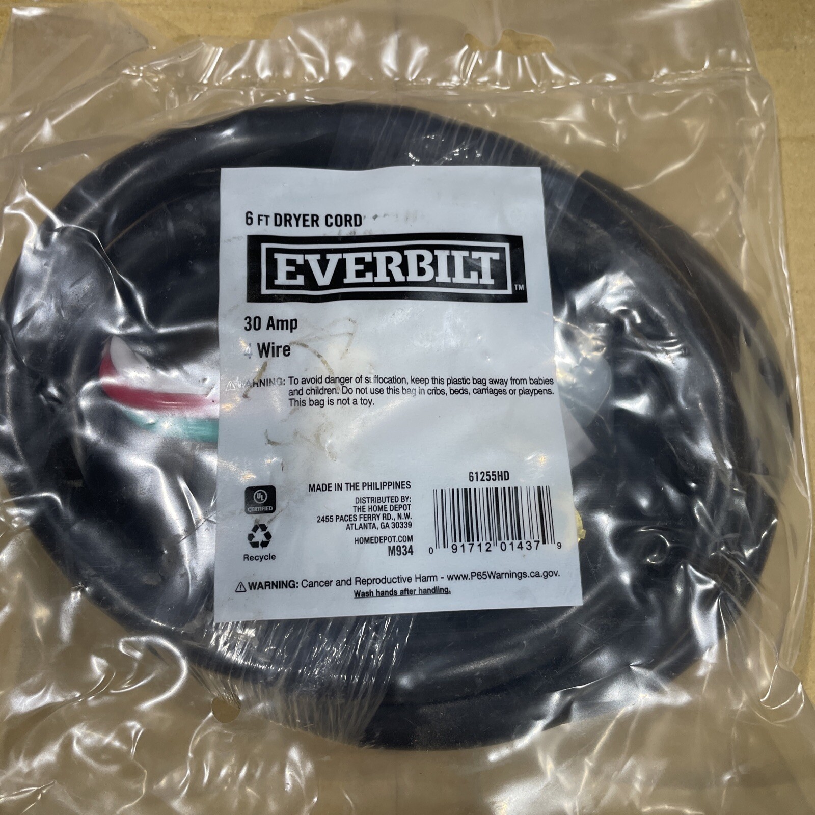 Everbilt 10 Gauge 4-Wire Electric Dryer Plug 125/250V Black 6′ 61255HD