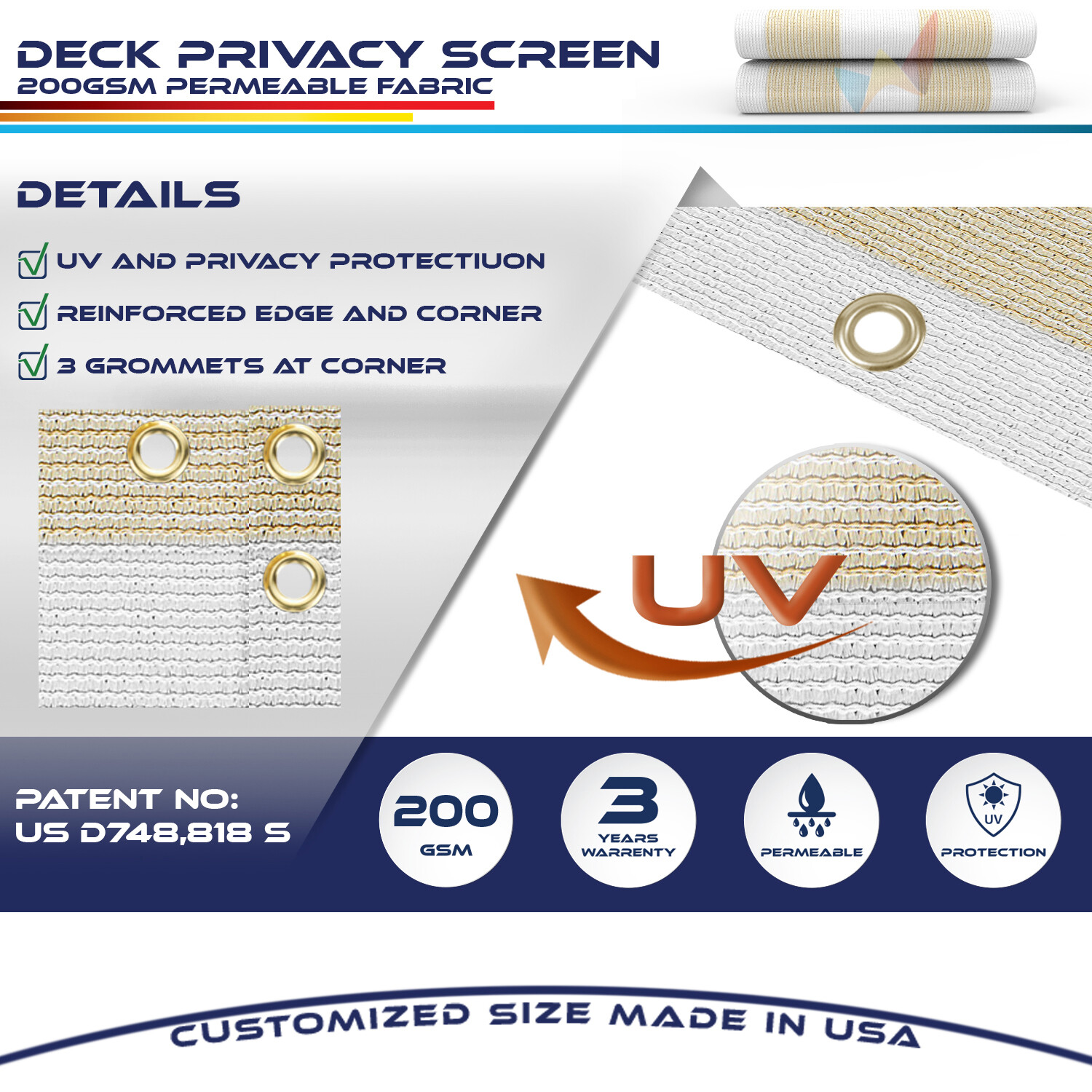 Beige White stripes Privacy Screen Fence Patio Deck Balcony Porch w/Grommets
