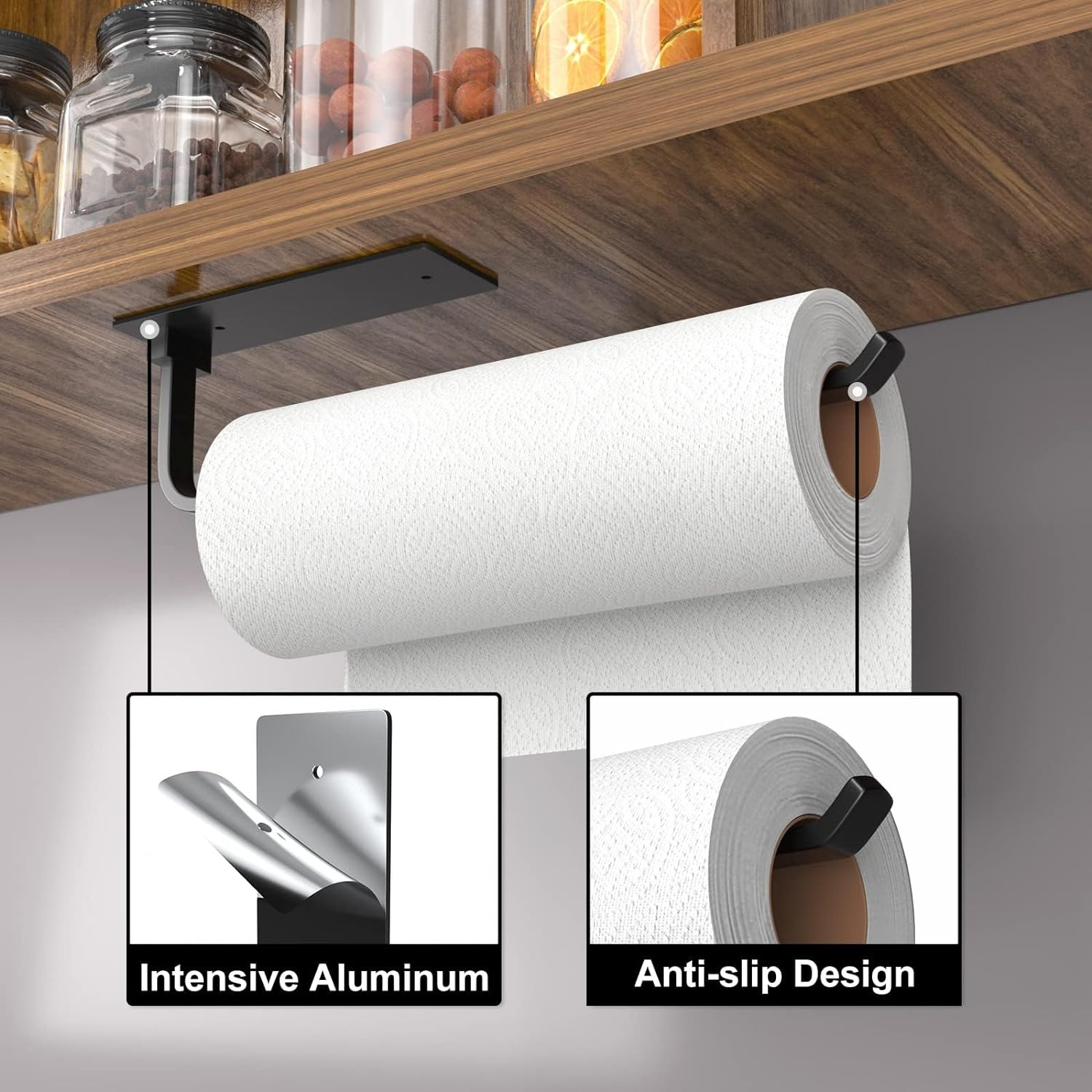 Paper Towel Holder – Self-Adhesive or Drilling, Matte Black, Upgraded Aluminum K