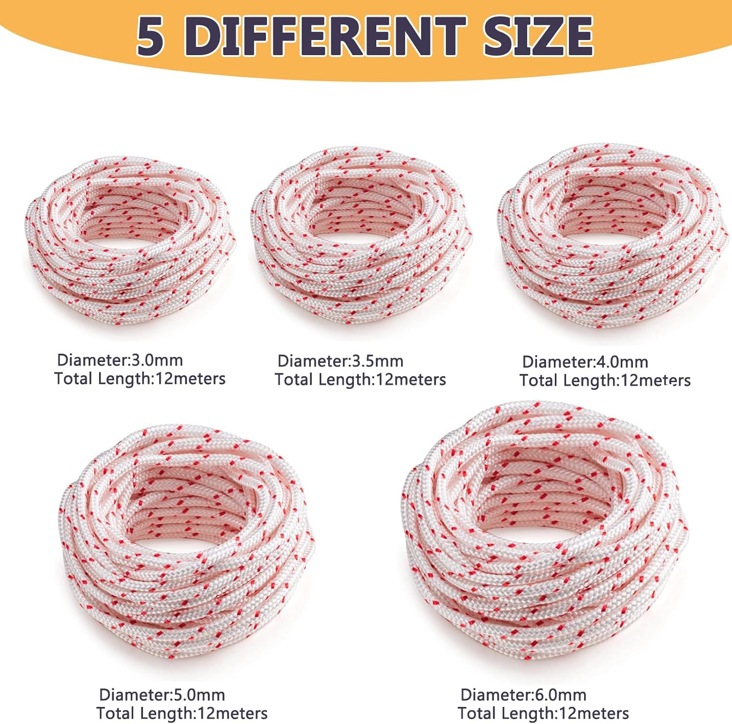 Replacement Recoil Starter Rope Pull Cord 3.5mm 12-Meter/40ft for 3.5mm-40Ft