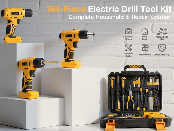 ANXTECH 154pcs Electric Drill Tool Kit Hand Tool Set Cordless Portable Toolbox