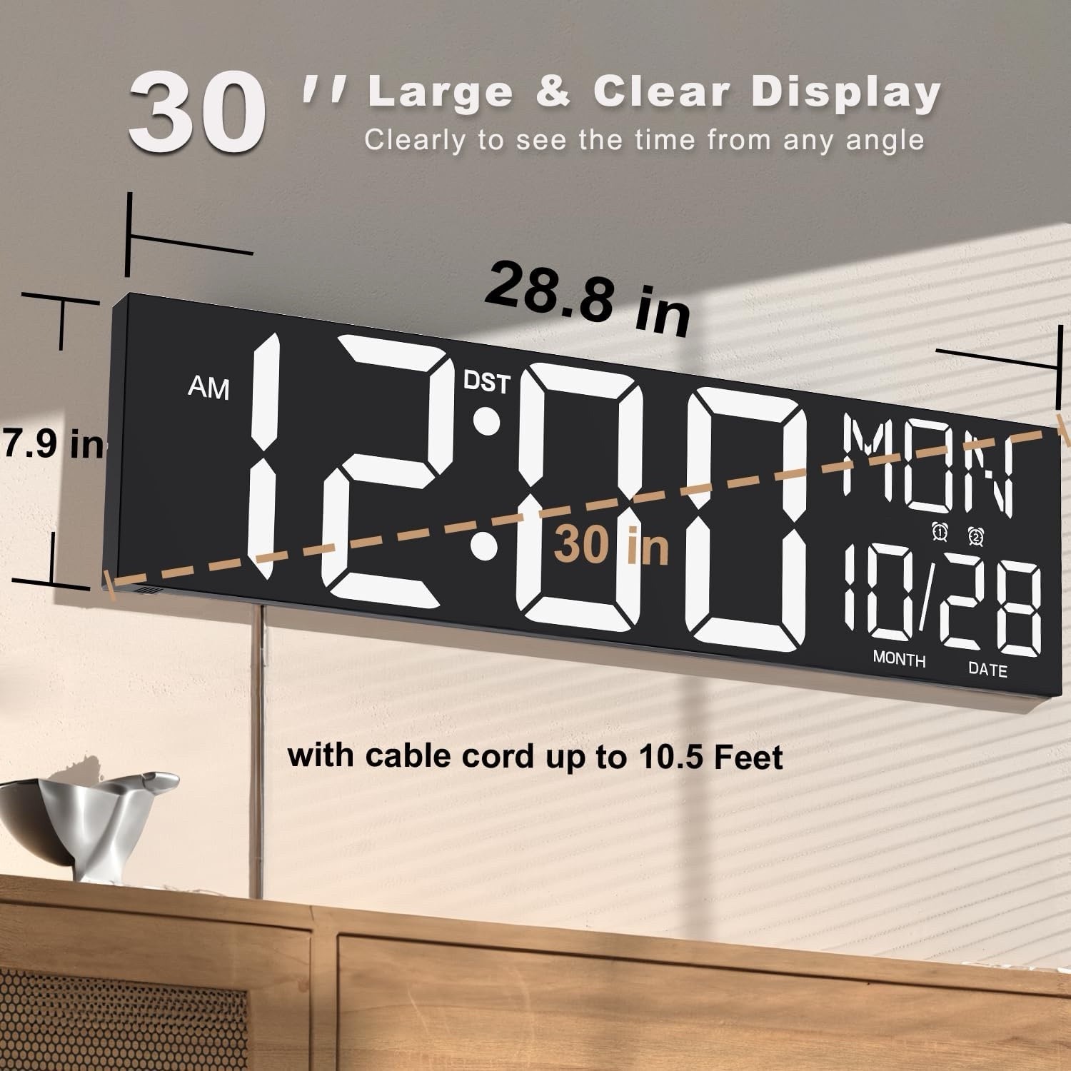 30″ Large Digital Wall Mount Clock with Remote Control, Alarm, Auto DST