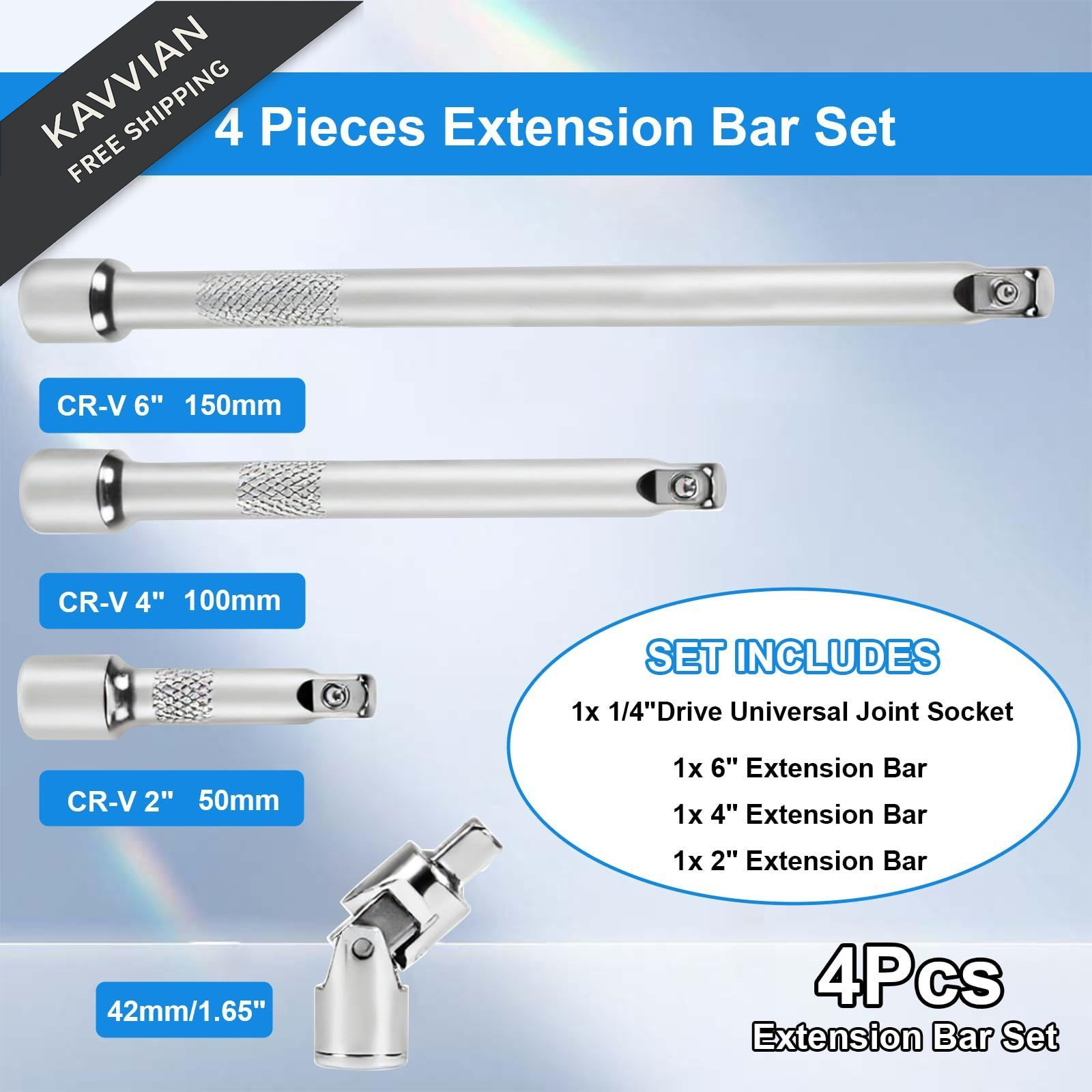 1/4 Inch Drive Socket Extension Bar Set, 4 Piece wrench extender