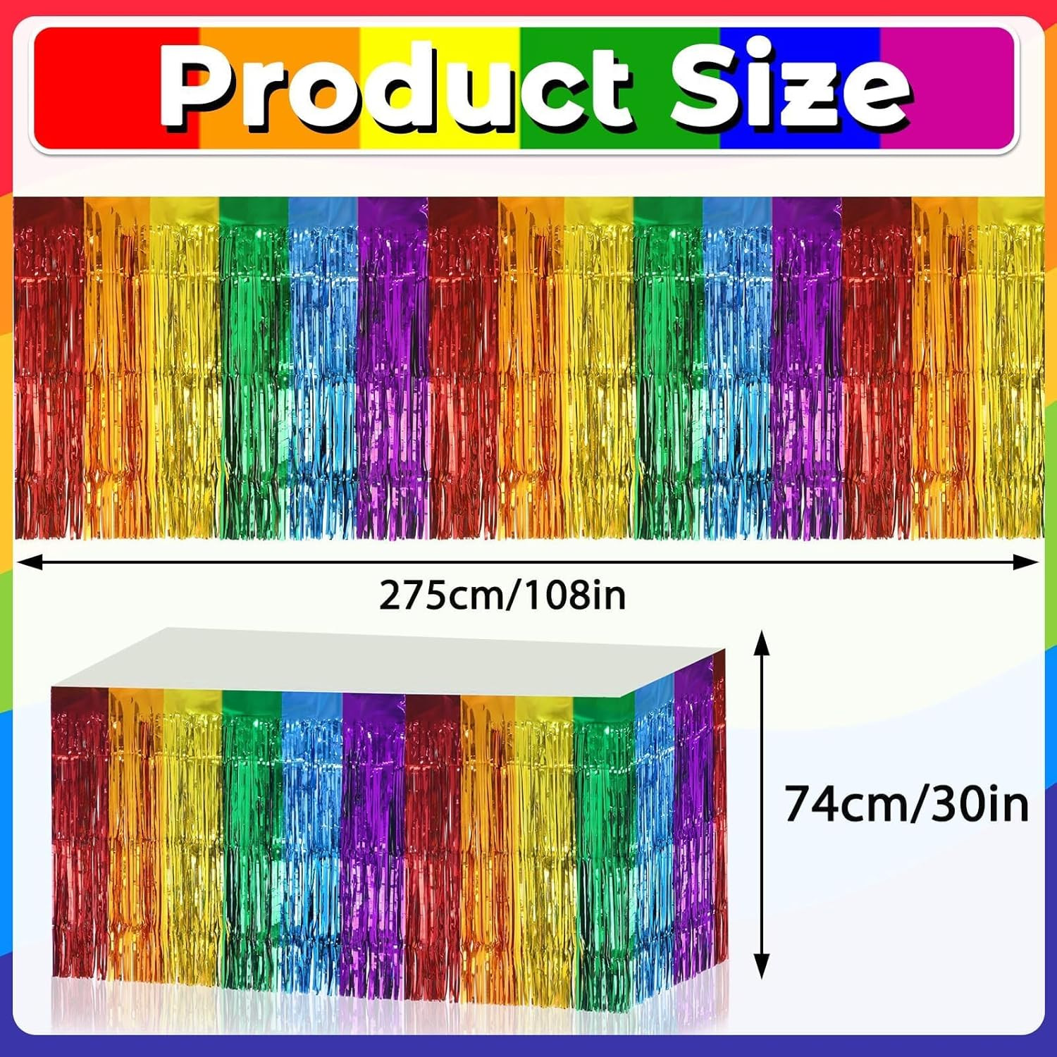 4 Pack Pride Rainbow Table Skirts, 30X108 Inch Metallic Foil Fringe Table Skirts