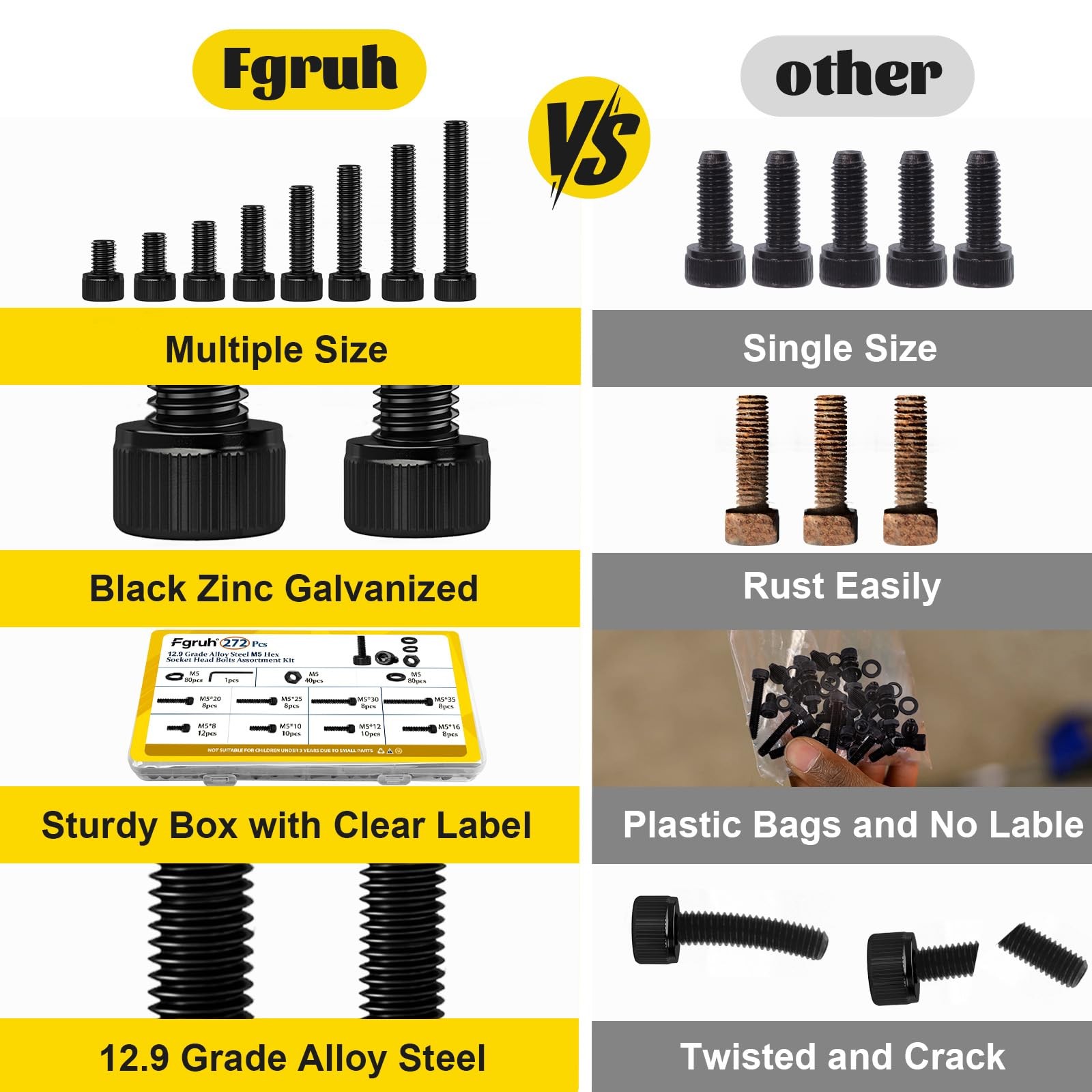 Fgruh 480PCS M4 Screws Assortment Kit, M4x6/8/12/16/20/30 mm 480pcs, Black