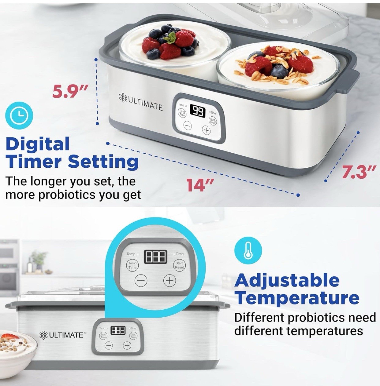Ultimate Probiotic Yogurt Maker with Adjustable Temperature & Time (2 bowls)