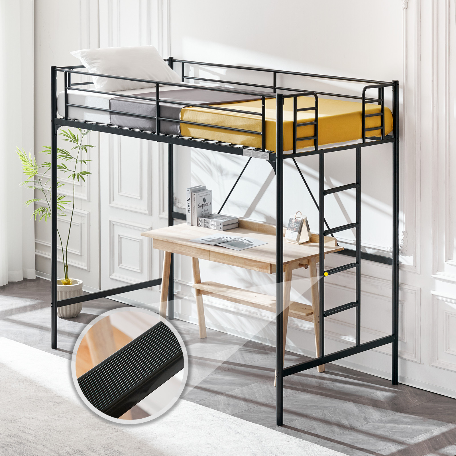 Loft Bed Twin Size with Flat Ladder Rung for Kids Teens Adults Heavy Duty Metal