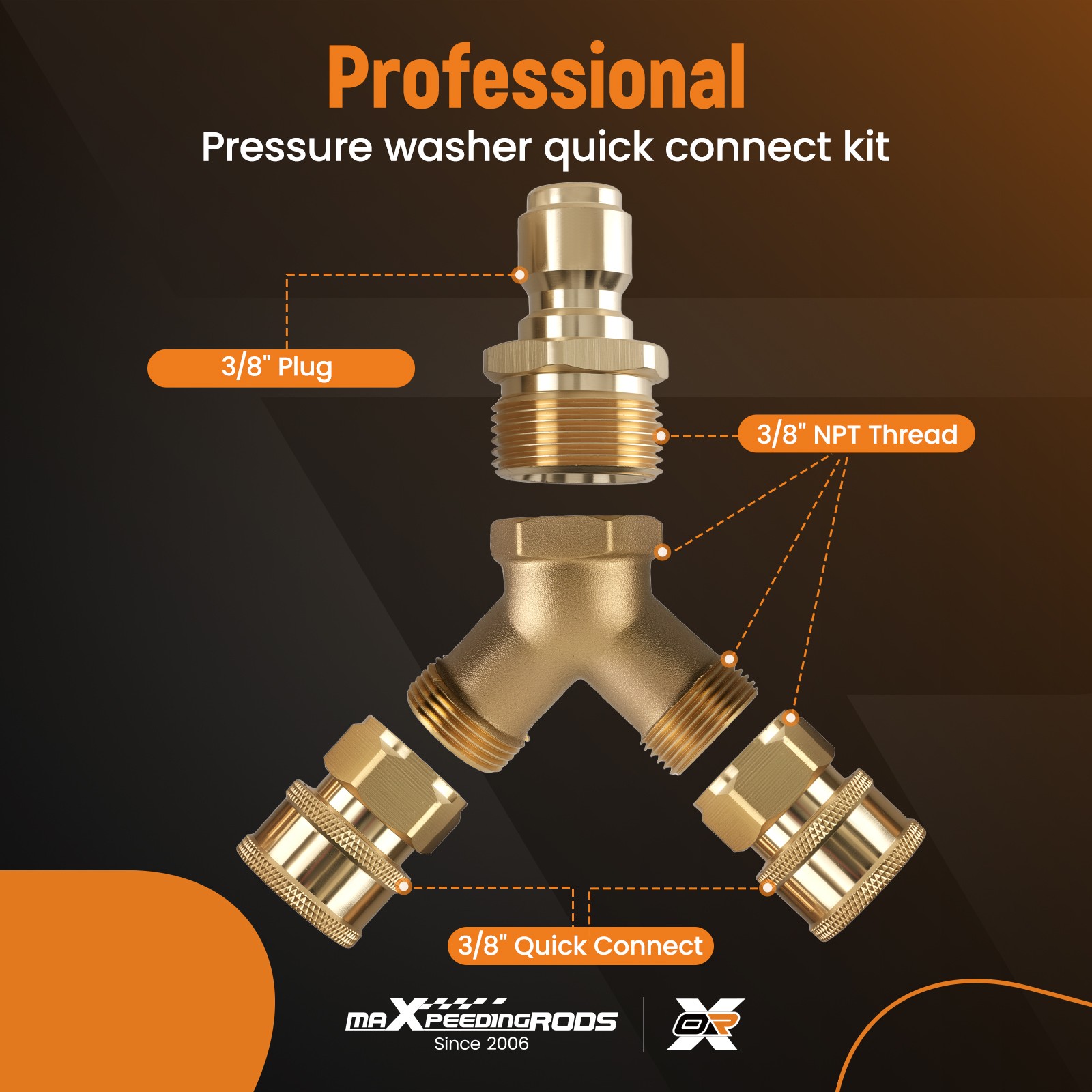 3/8” Pressure Washer Tee Y-Splitter Brass Quick Coupler 2-Gun System Adapter