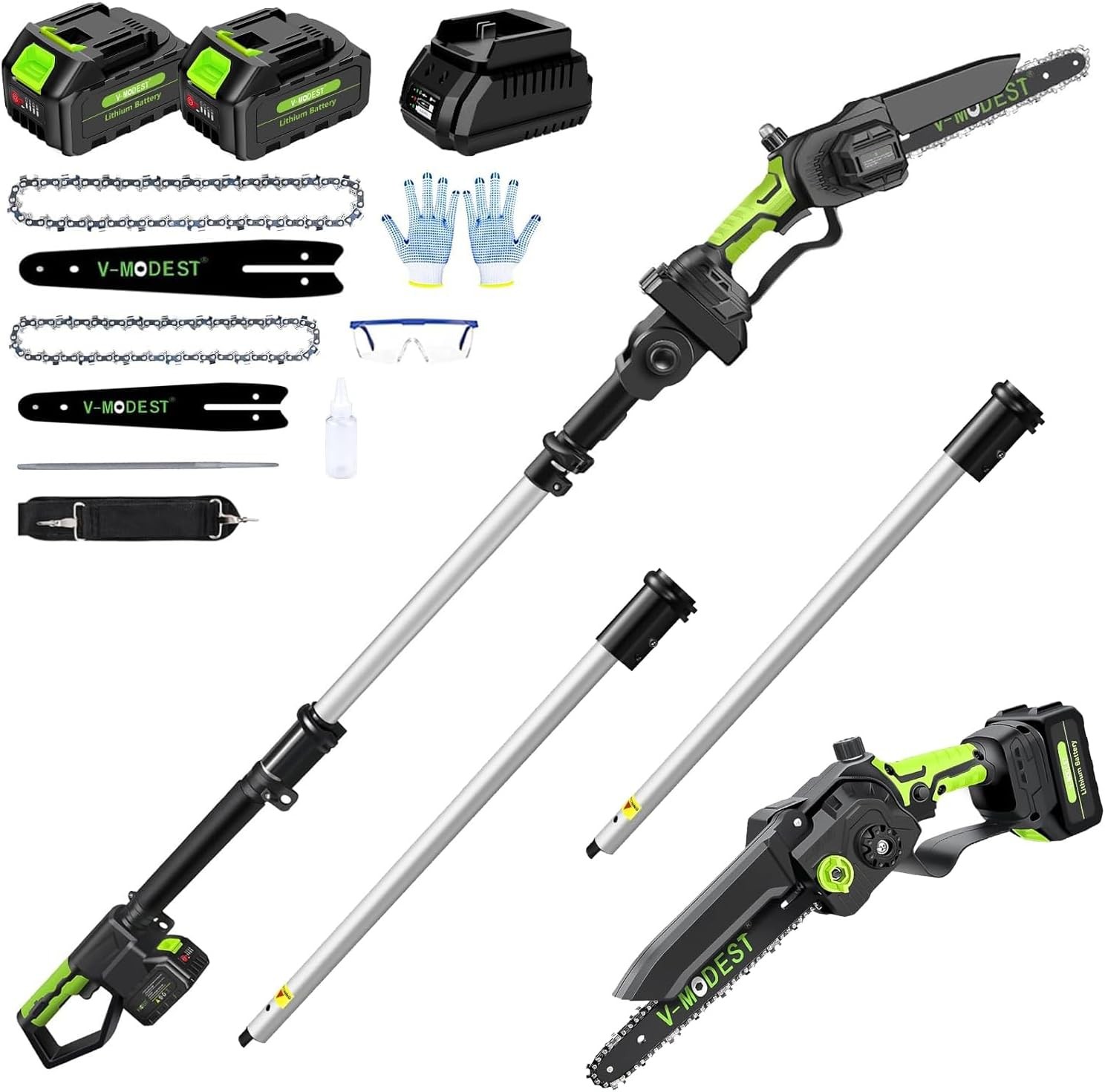 2-IN-1 Brushless 6″+8″ Bar Cordless Pole Saw Tree Trimming Kit Electric Pole Saw