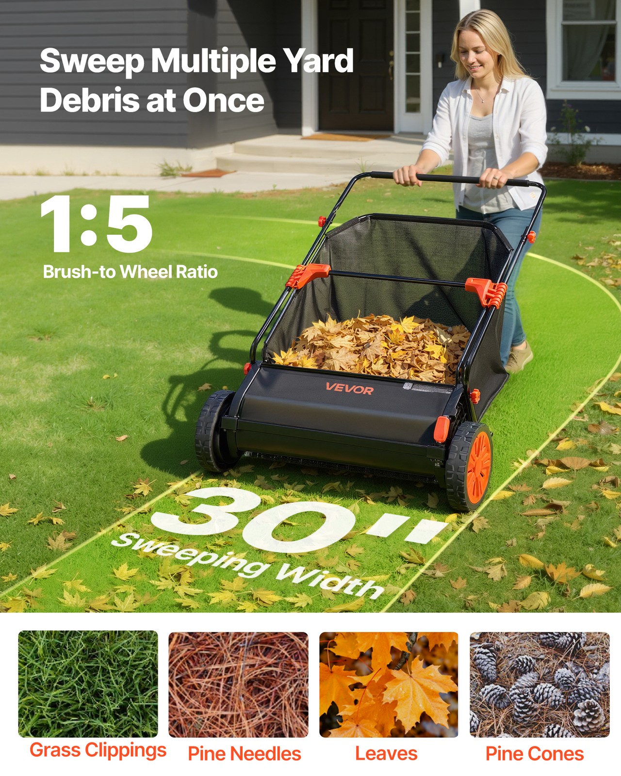 VEVOR Push Lawn Sweeper 30 in Leaf & Grass Collector 12 cu. ft. Hopper Bag