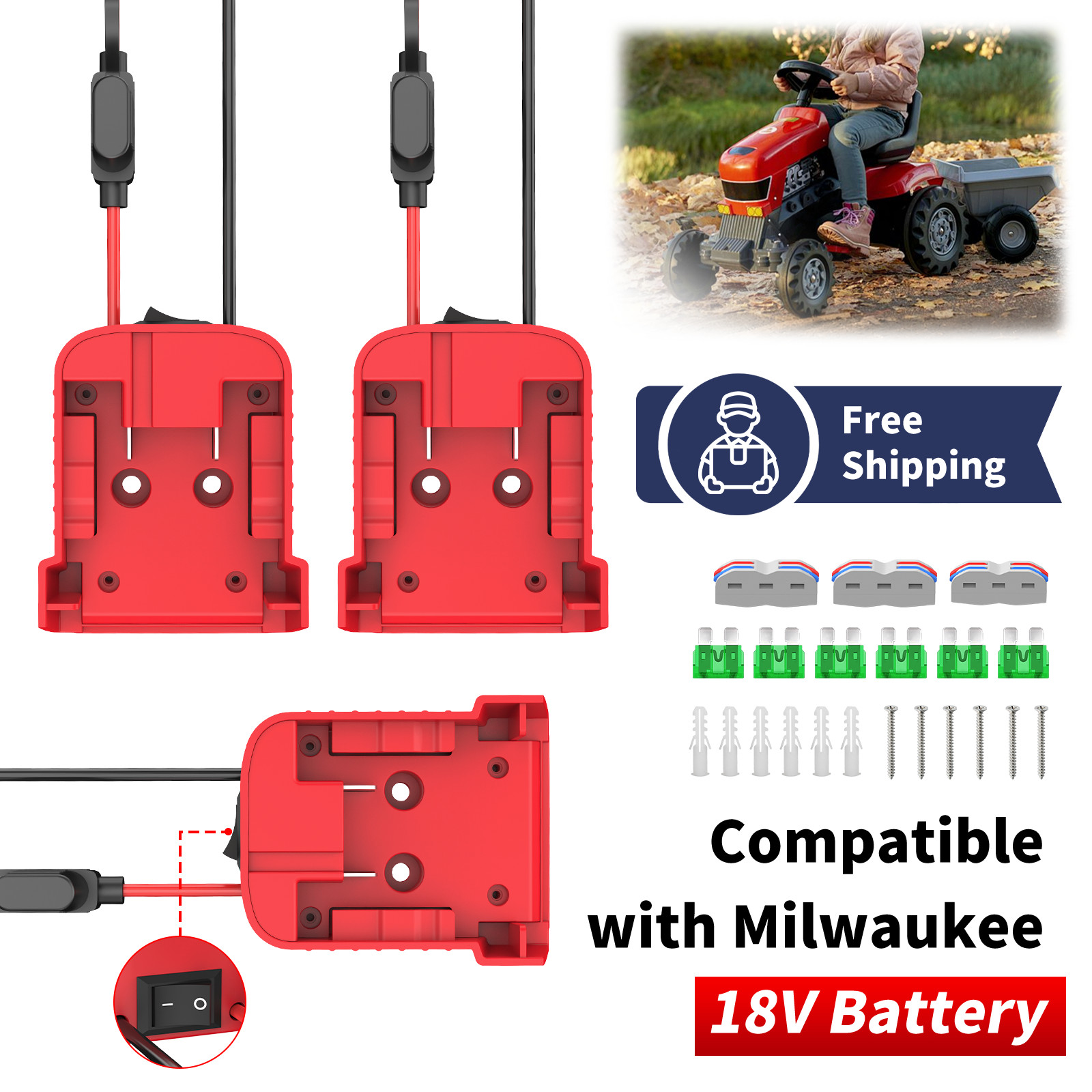 2-Pack Power Wheel Adapter Compatible with 18V Battery for RC Car Toys
