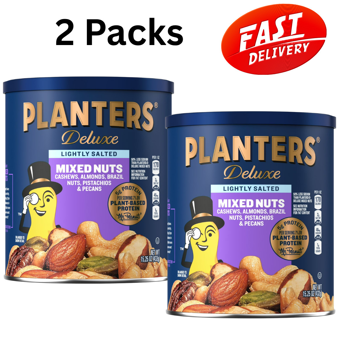 Planters Mixed Nuts, Lightly Salted Deluxe Mixed Nuts, 15.25 Ounce, 2 Pack