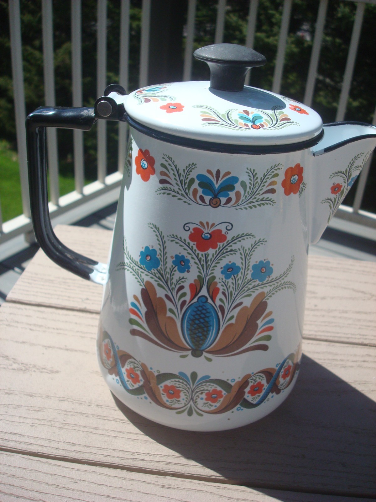 Vintage Swedish Berggren White Enamel Stovetop Coffee Pot Folk Art Sweden