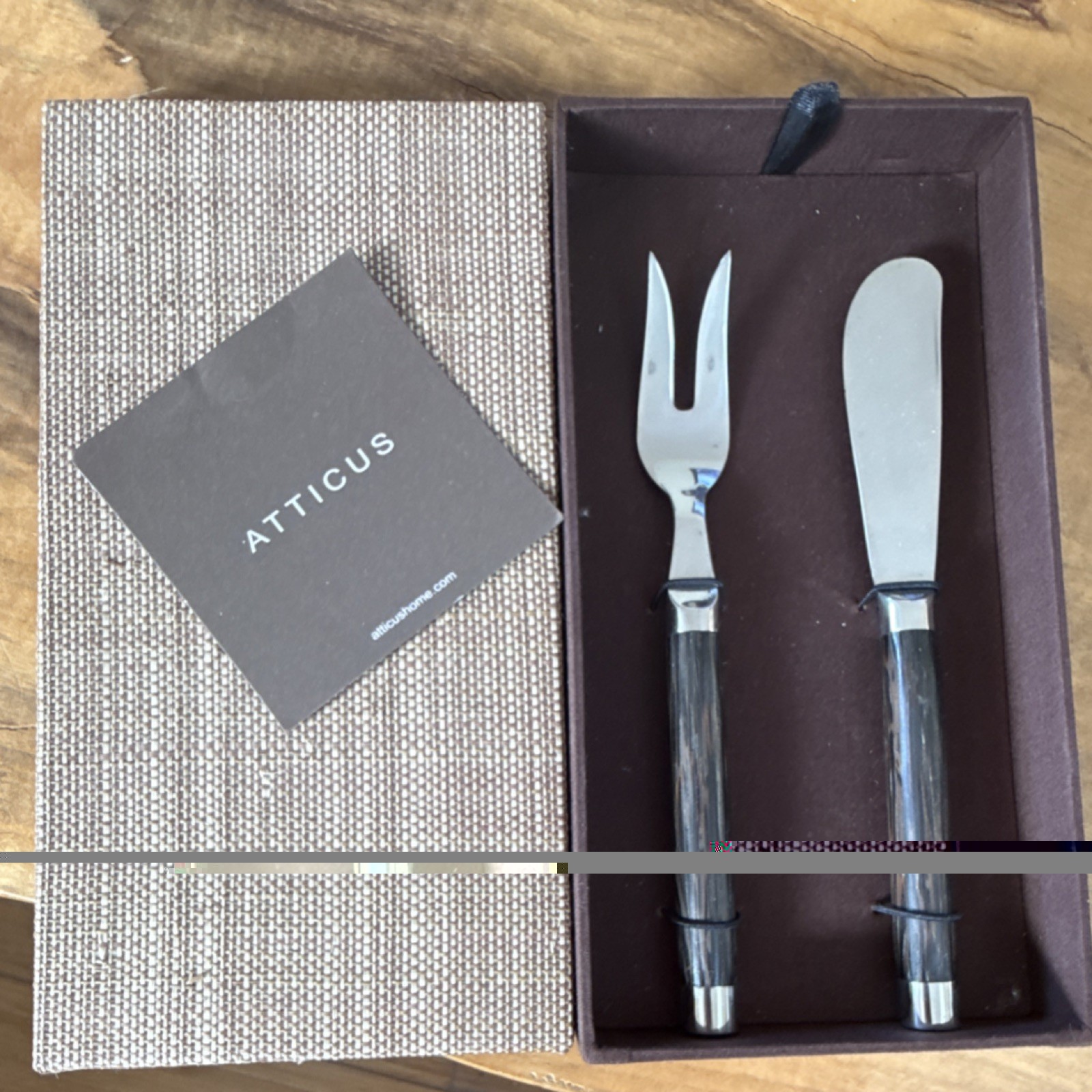 NEW Atticus Cheese Knife & Fork Set Stainless Steel Wood Handles woven Gift Box