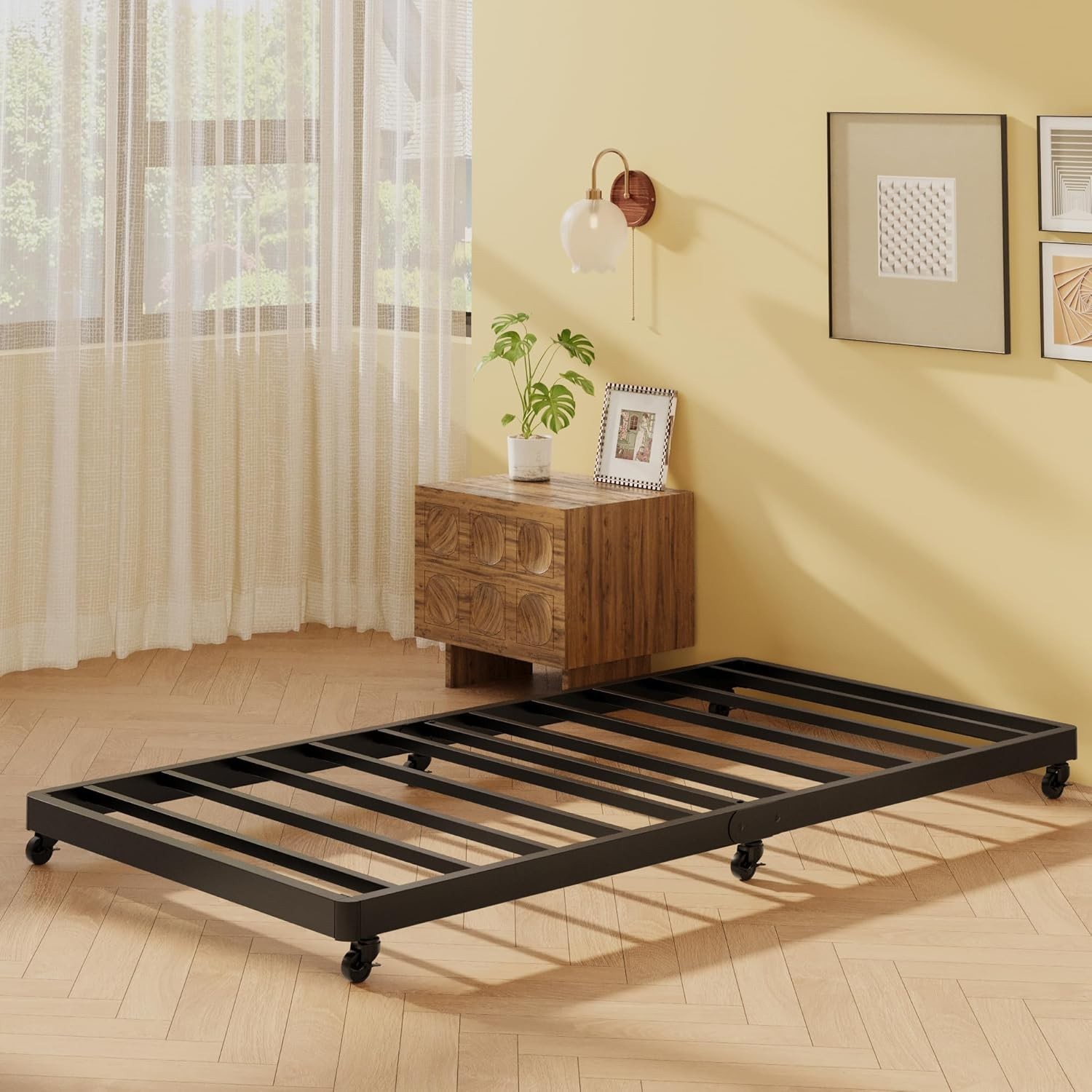 Trundle Bed Twin with 6 Lockable Casters, Roll Out Twin Trundle Bed Frame wit…