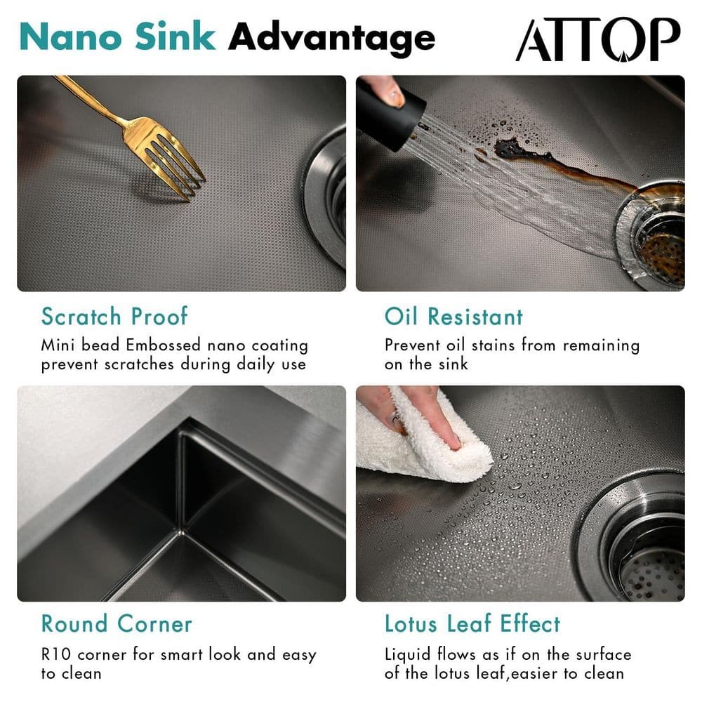 Attop 15″ Undermount Single Bowl 18-Gauge Nano Black Stainless Steel Sink