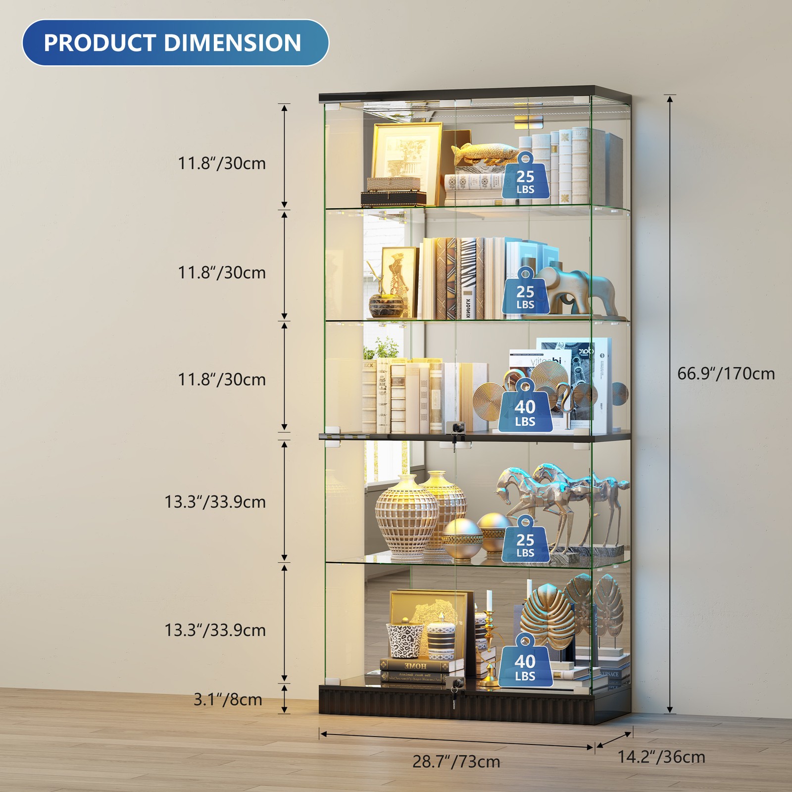 Display Cabinet with Glass Doors, Clear Display Case with Dynamic RGB Lights