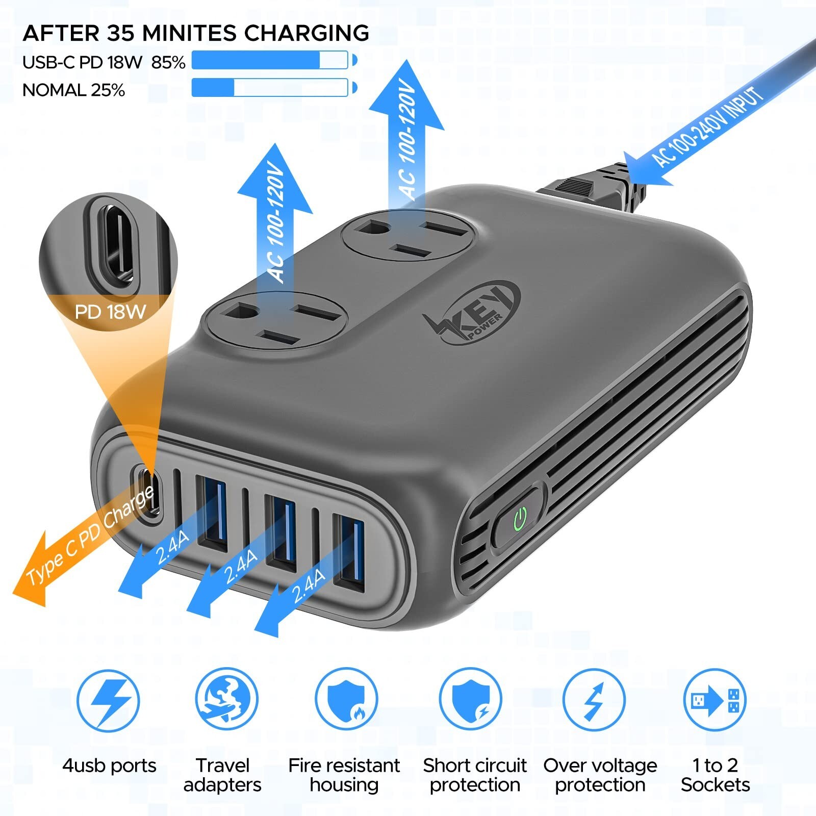 230W Voltage Converter Transformer 220V to 110V Step Down, 4 USB Travel Charger