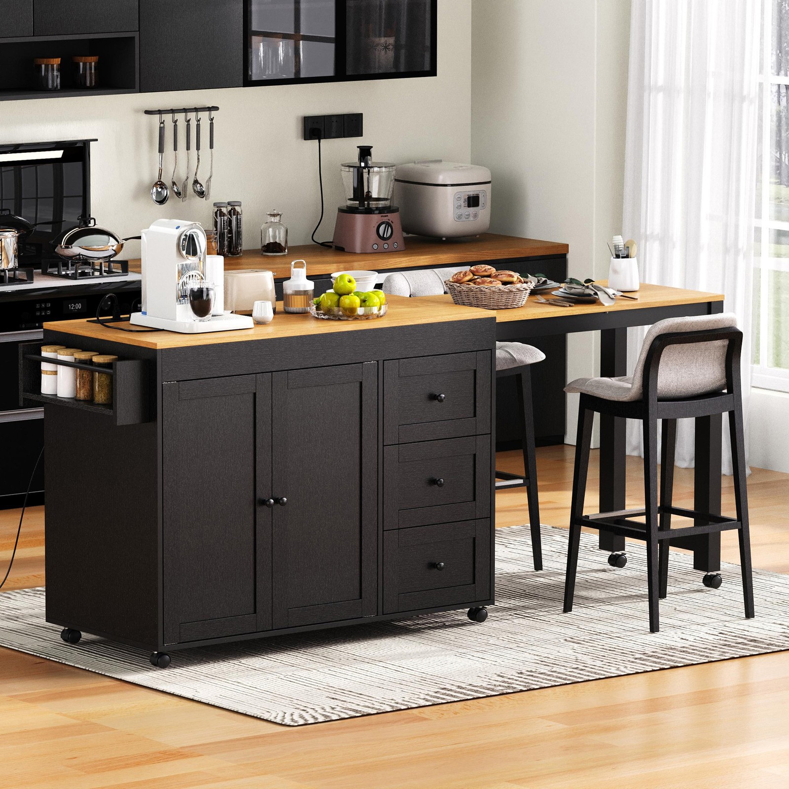 74.8 Inch Kitchen Island with Extendable Dining Table Rolling Storage Cart Power
