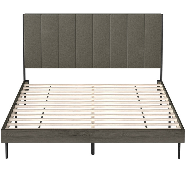 Queen Size Bed Frame Tufted Upholstered Headboard Bedroom W/ Solid Wooden Slat