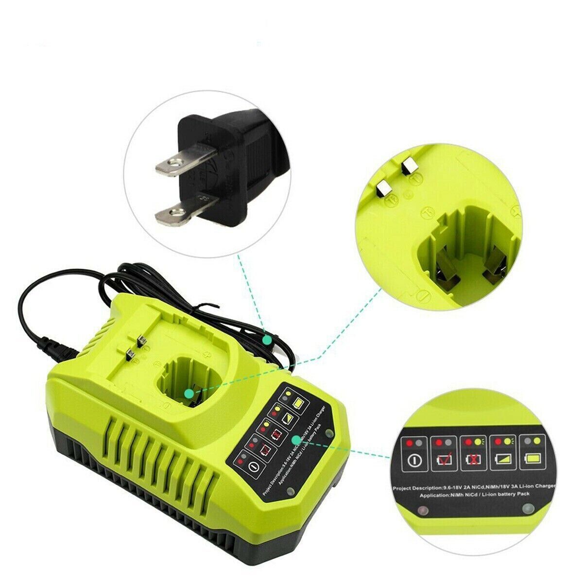1-2Pack for Ryobi Battery/Charger Replace 18V PLUS 4.8Ah NIMH P100 P117 ABP1801