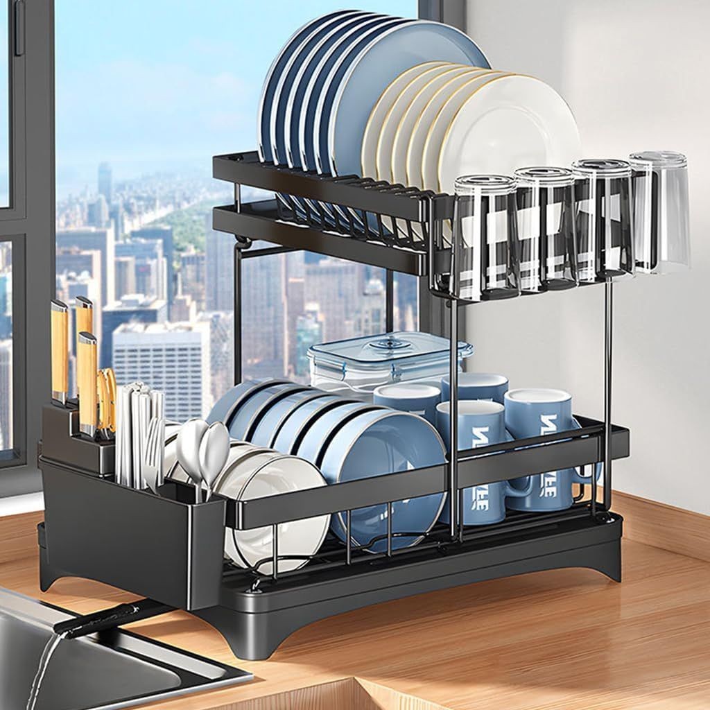 2 Level Over Sink Drying Rack Dish Drainer with Cutlery Holder Stainless Steel