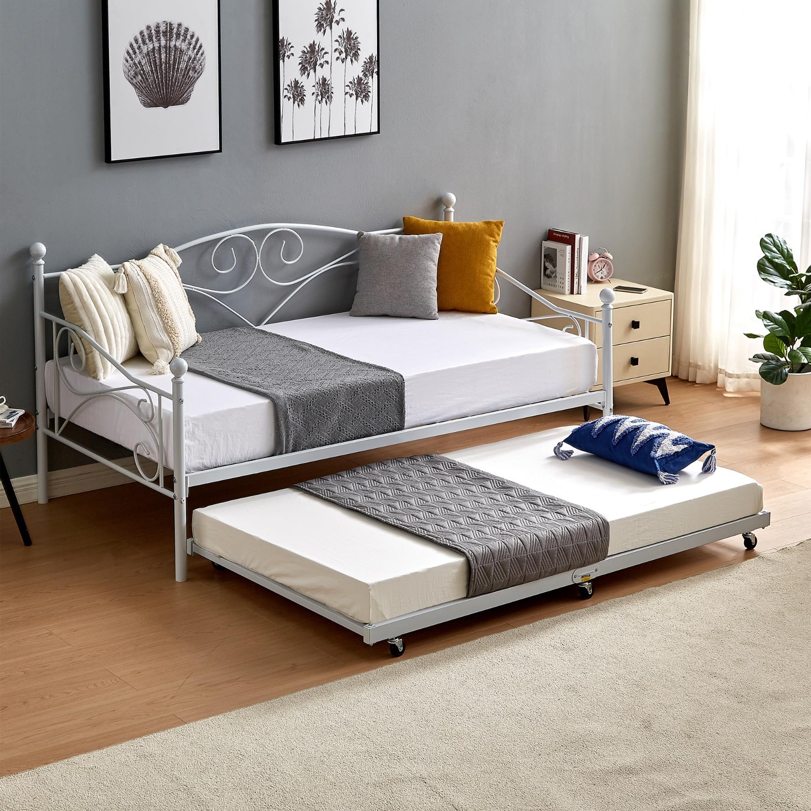 Twin Trundle Bed Frame with Roll-Out Feature, Metal Slats & Lockable Casters, Wh