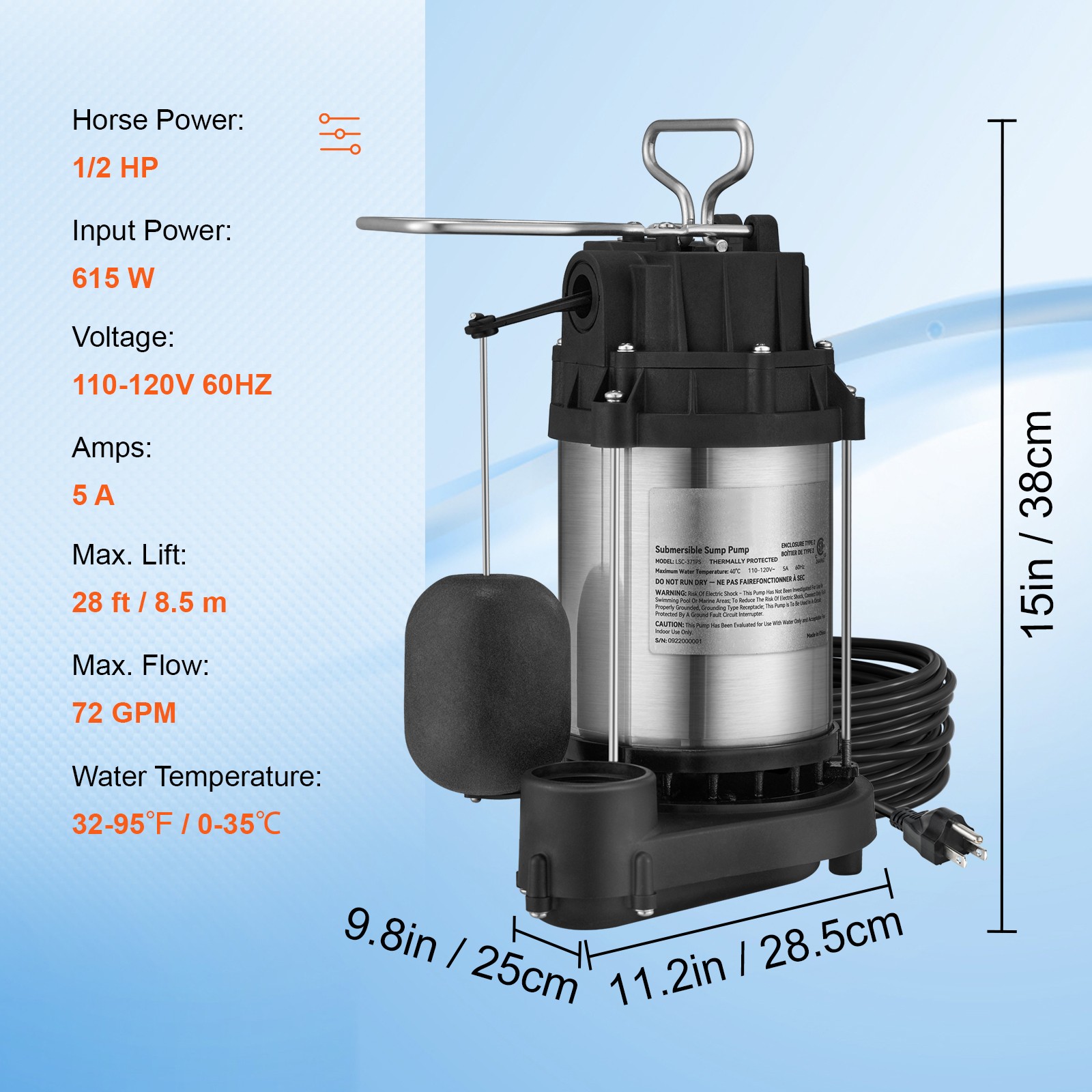 VEVOR Submersible Sump Pump Water Pump 1/2 HP 4320GPH Cast Iron Steel Basement