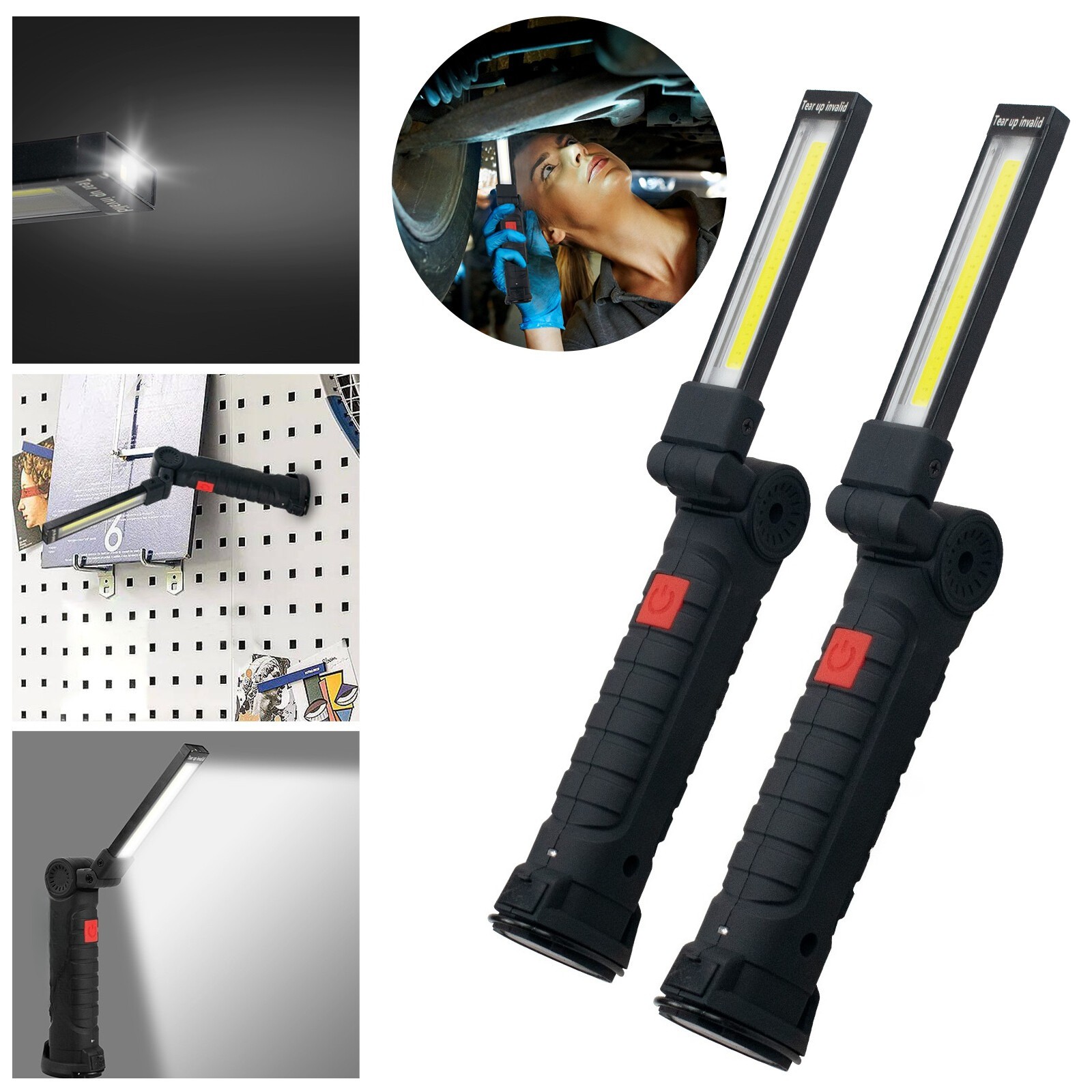 2 Pack Magnetic Base LED COB Work Light Rechargeable Mechanic Torch Flashlight