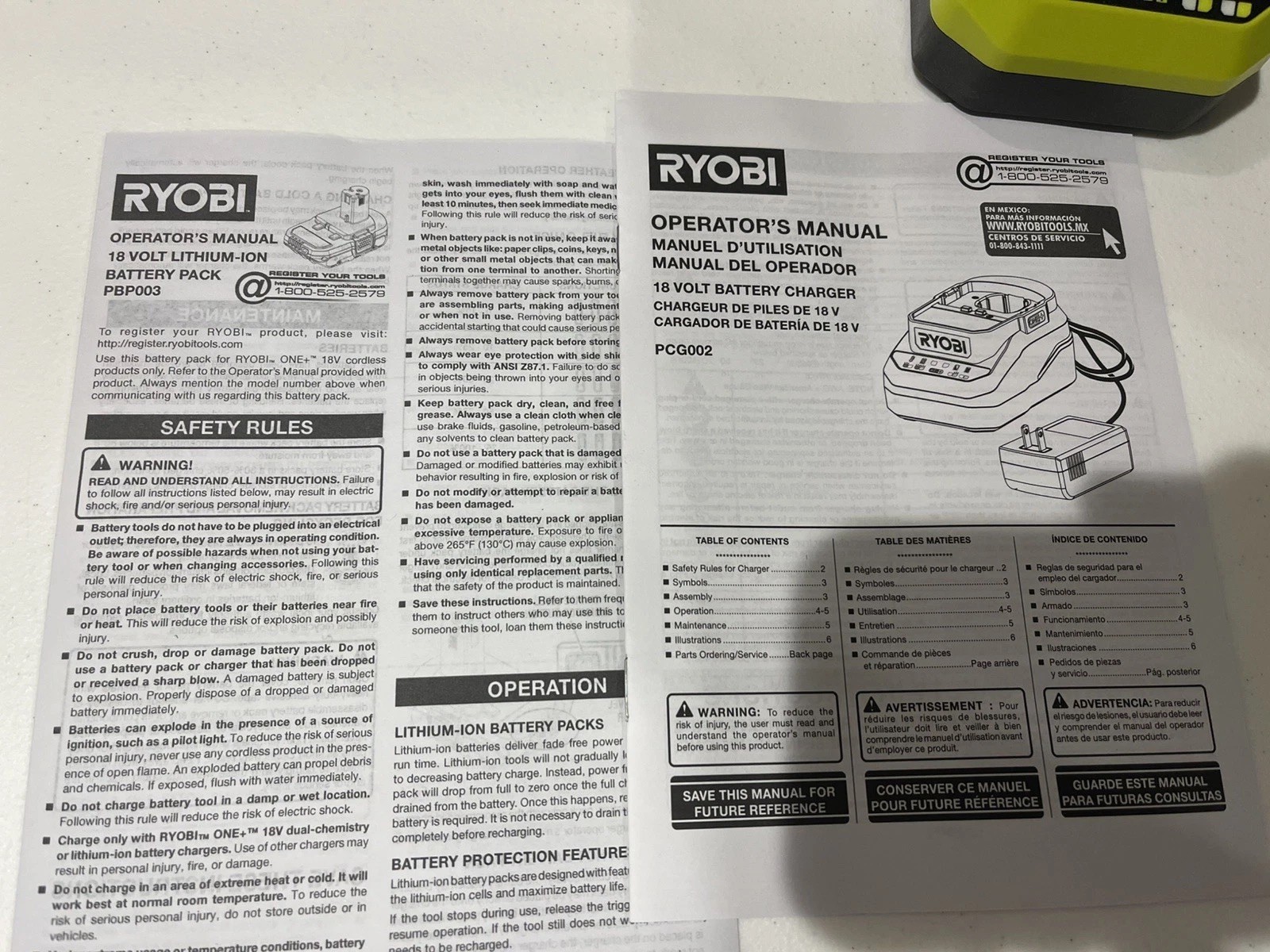 NEW Ryobi ONE+ 18V 2.0 Ah Lithium-Ion Battery PBP003 w/Ryobi PCG002 Charger