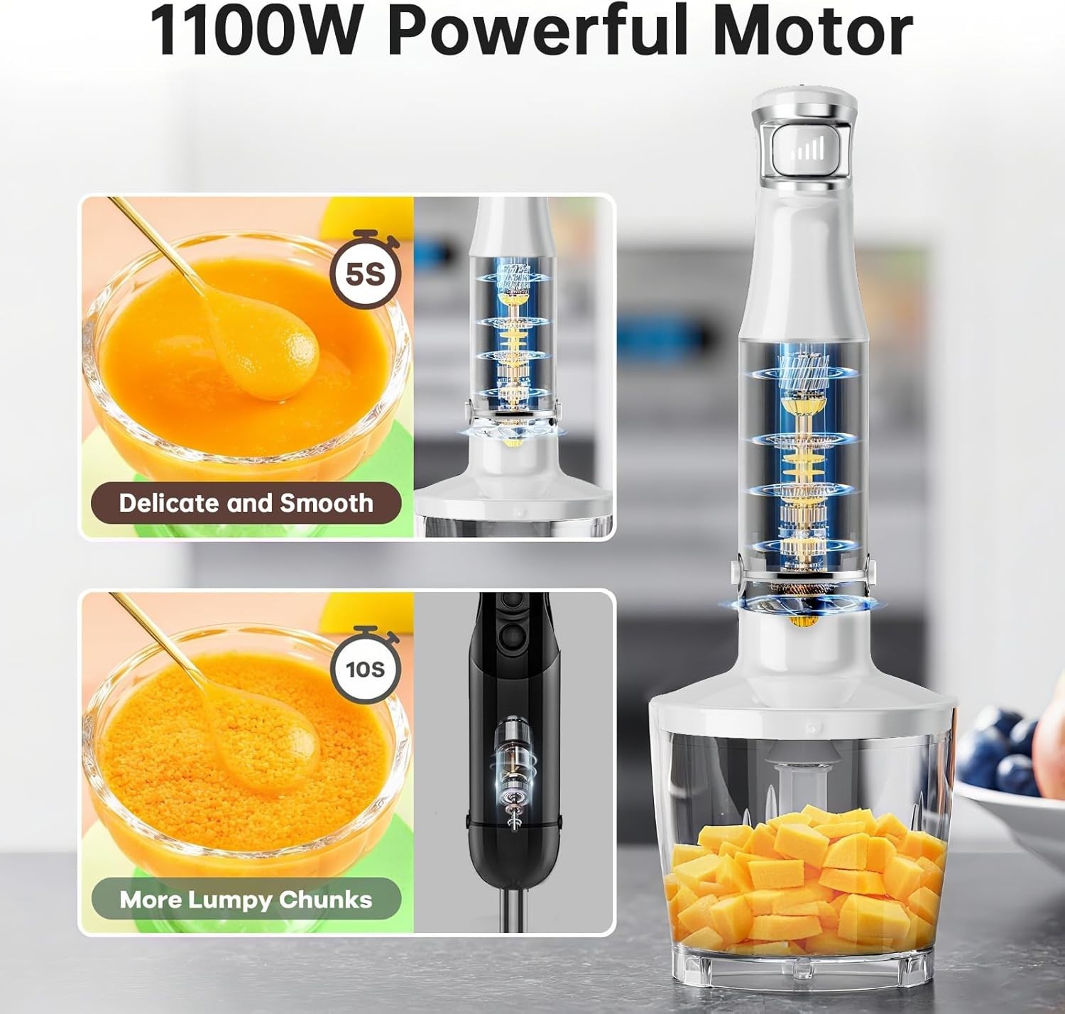 Batidora de inmersión de mano con cable, 1100 W, velocidad variable, 5 en 1, emu
