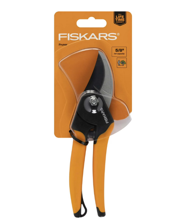 Fiskars 5/8 inch Bypass Pruner Garden Tool with Steel Blade and Soft Grip Handle
