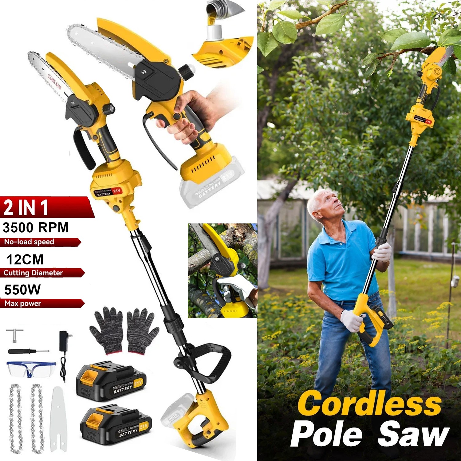 2 in1 Cordless Pole Saw Brushless Mini Chainsaw for Tree Trimming w/ 2 Batteries