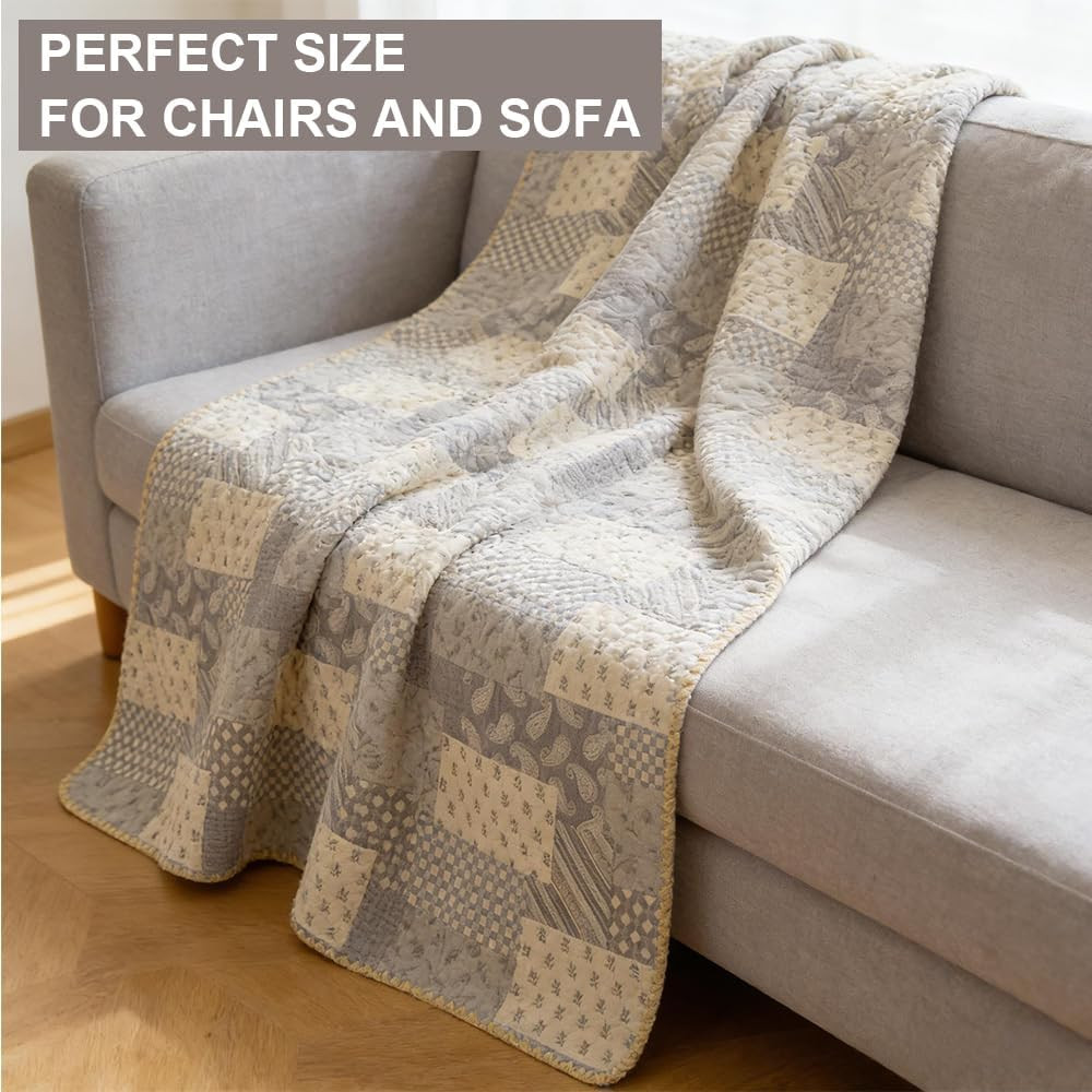 Reversible Cotton Muslin Blanket – Lightweight Grey Patchwork 80×90 In