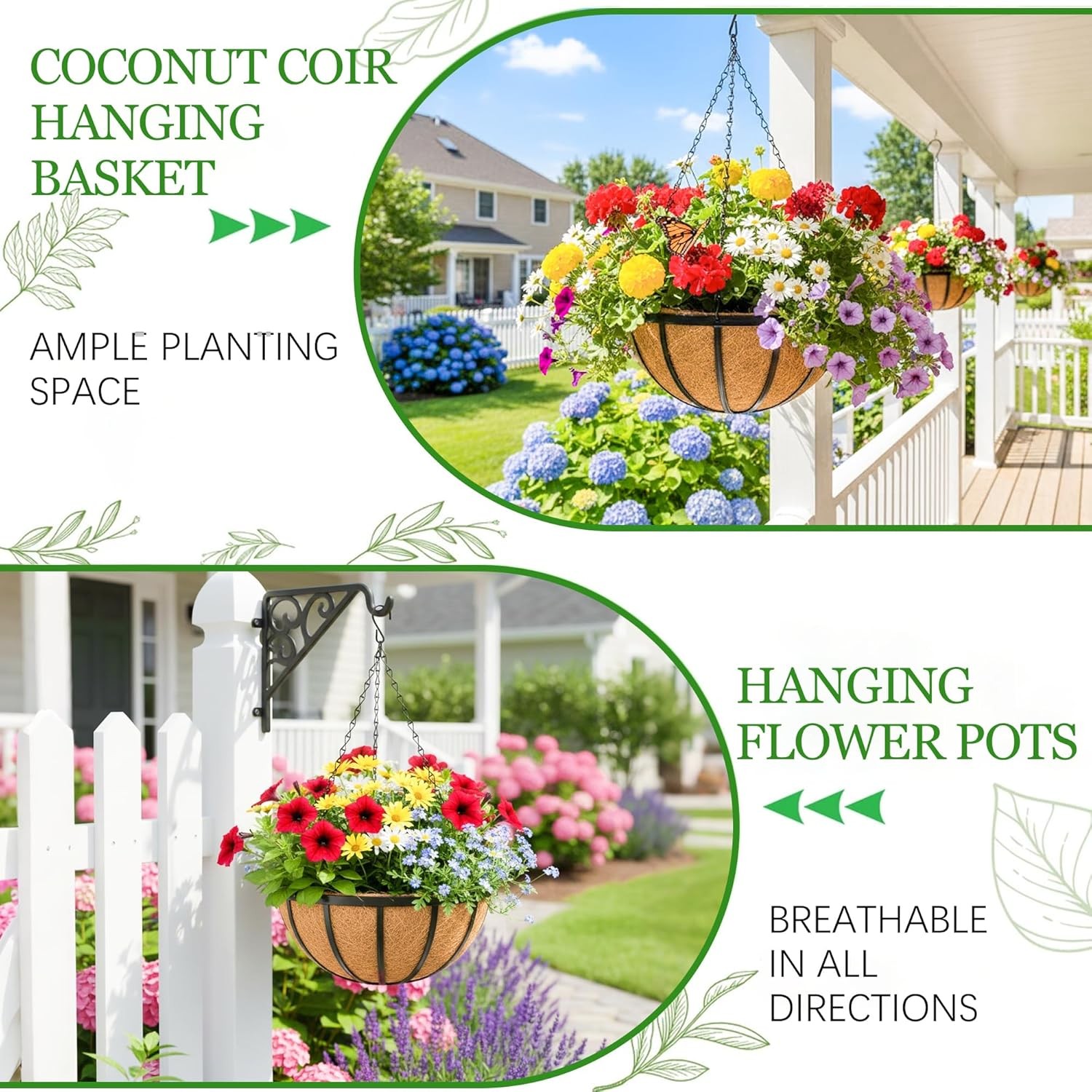 4 Pack 14in Metal Hanging Baskets with Coco Liner for Garden Decor