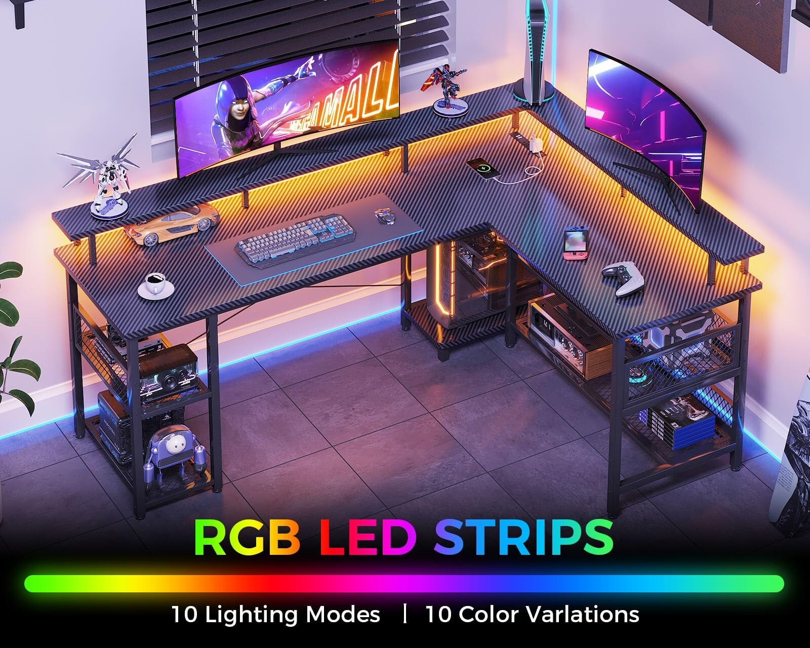 Home Office Study Table L Shaped PC Gaming Desk with LED Lights & Monitor Stand