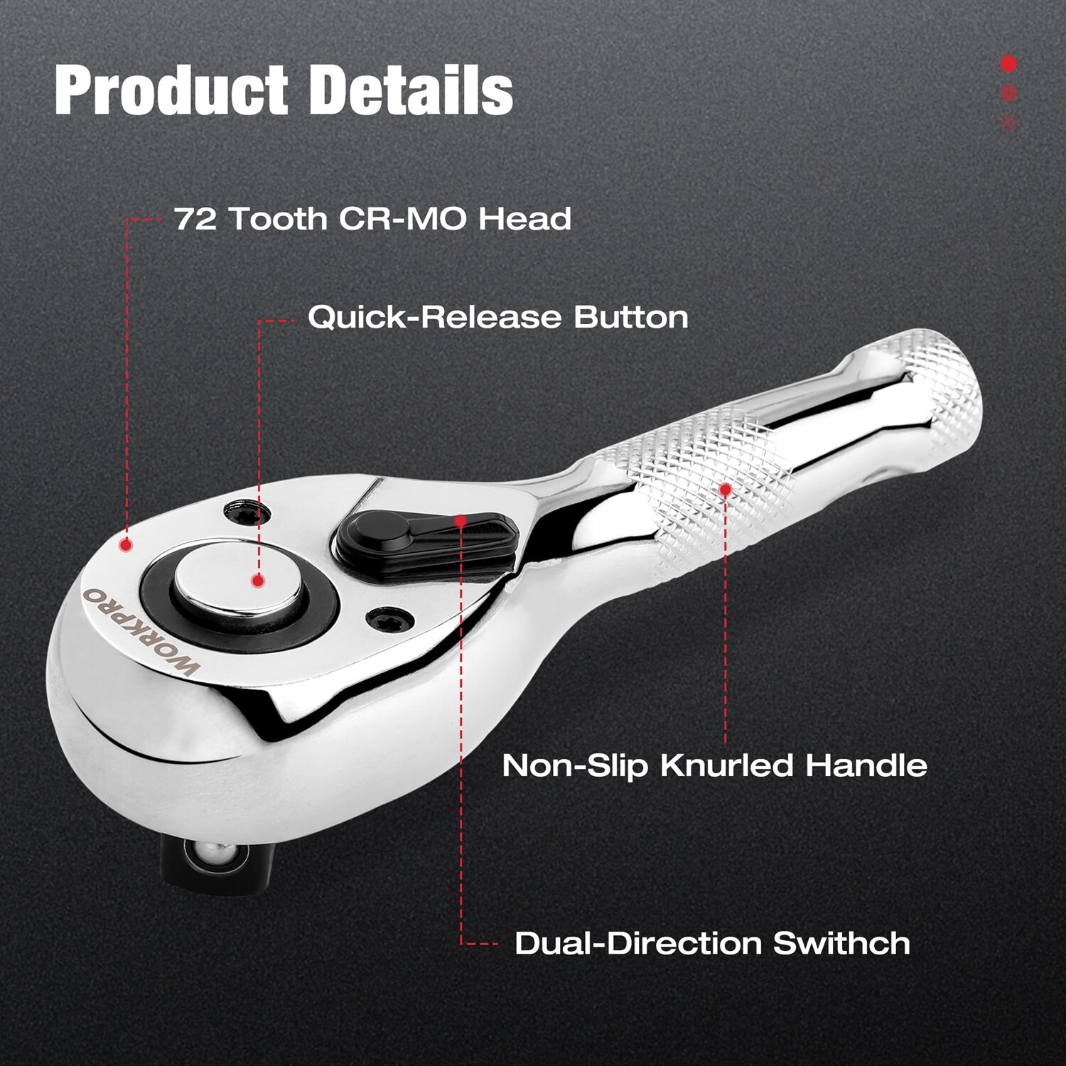 WORKPRO 3PC Stubby Ratchet Set 1/4″ 3/8″ 1/2″ Drive Ratchet Handle Quick Release