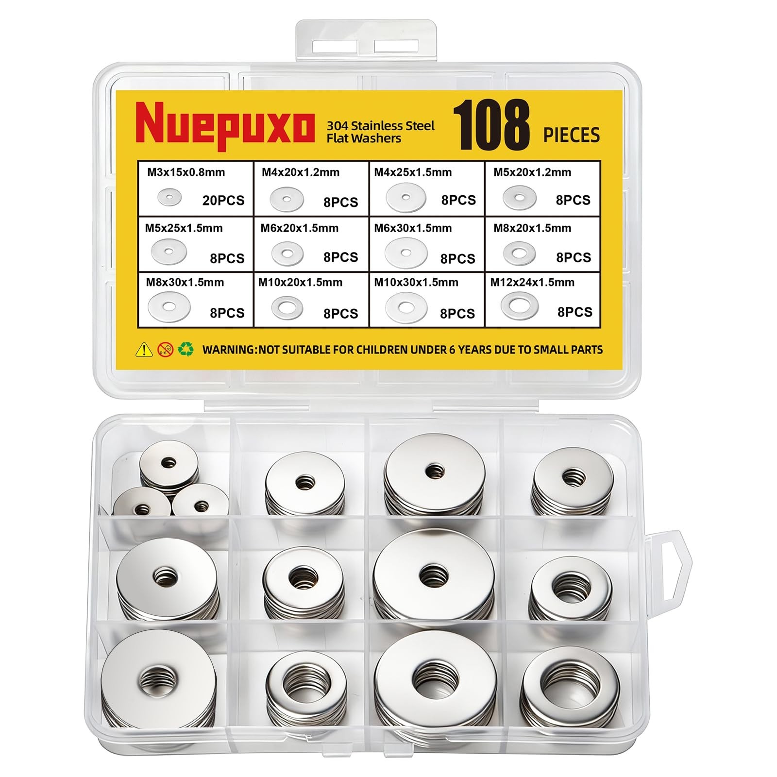 108PCS Flat Washers Assortment Kit, 304 Stainless Steel Fender Washers, 12 Si…