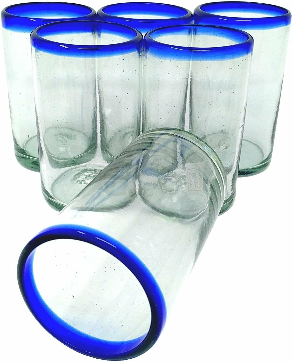 Hand Blown Mexican Drinking Glasses – Set of 6 Glasses with Cobalt Blue Rims…
