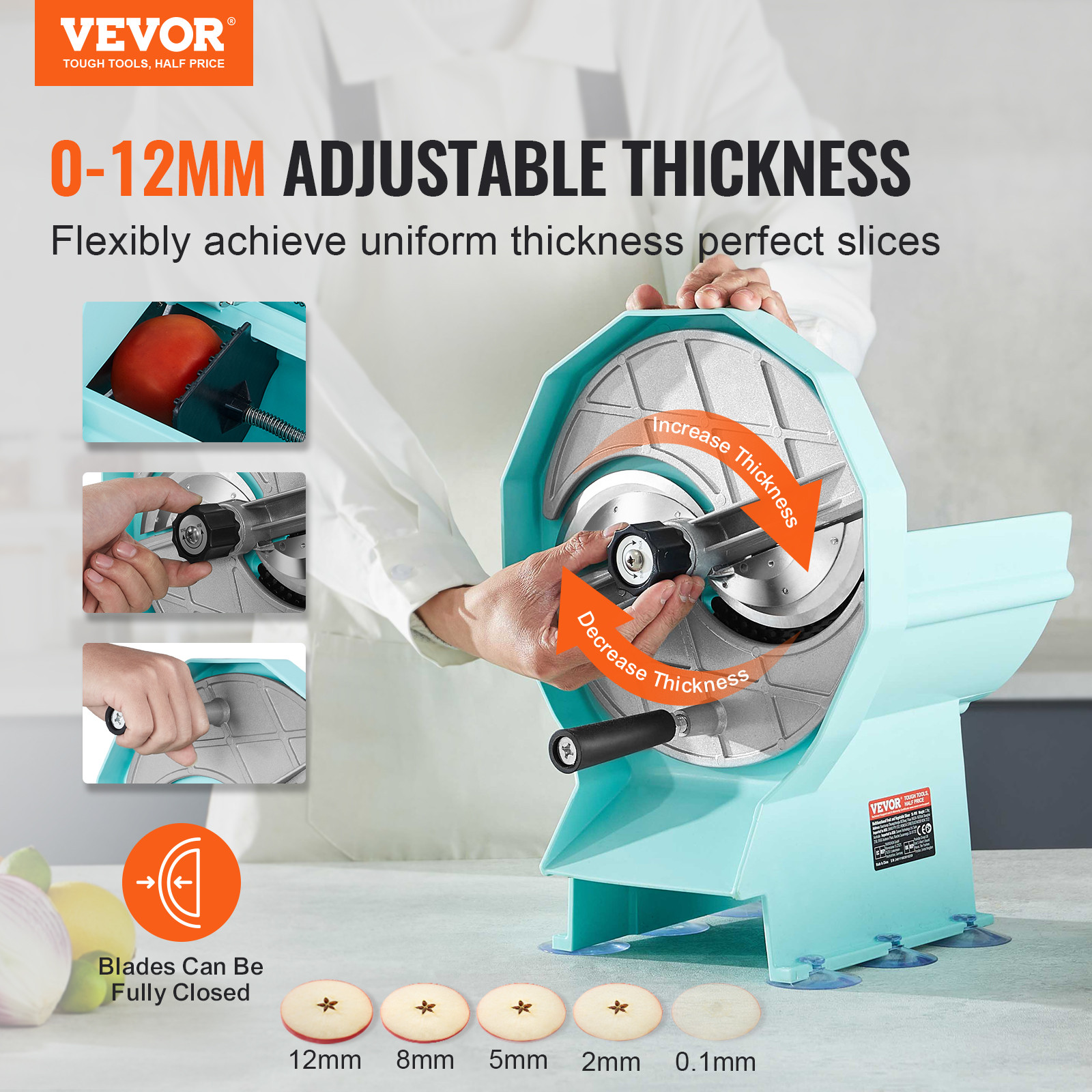 VEVOR Manual Vegetable Fruit Slicer 0-0.5in Thickness Adjustable Dual Feed Ports