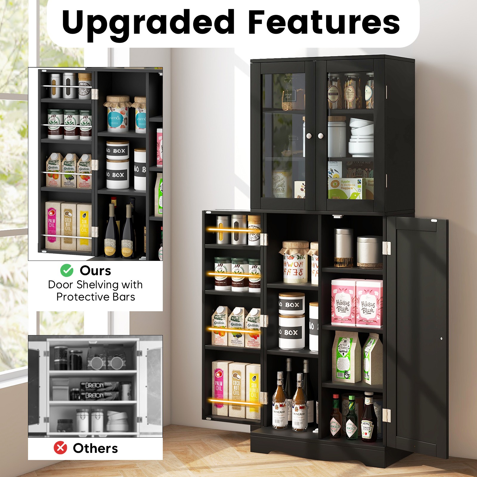 63.5″ Tall Kitchen Pantry Storage Cabinet w/ Glass Door Storage Shelves Black