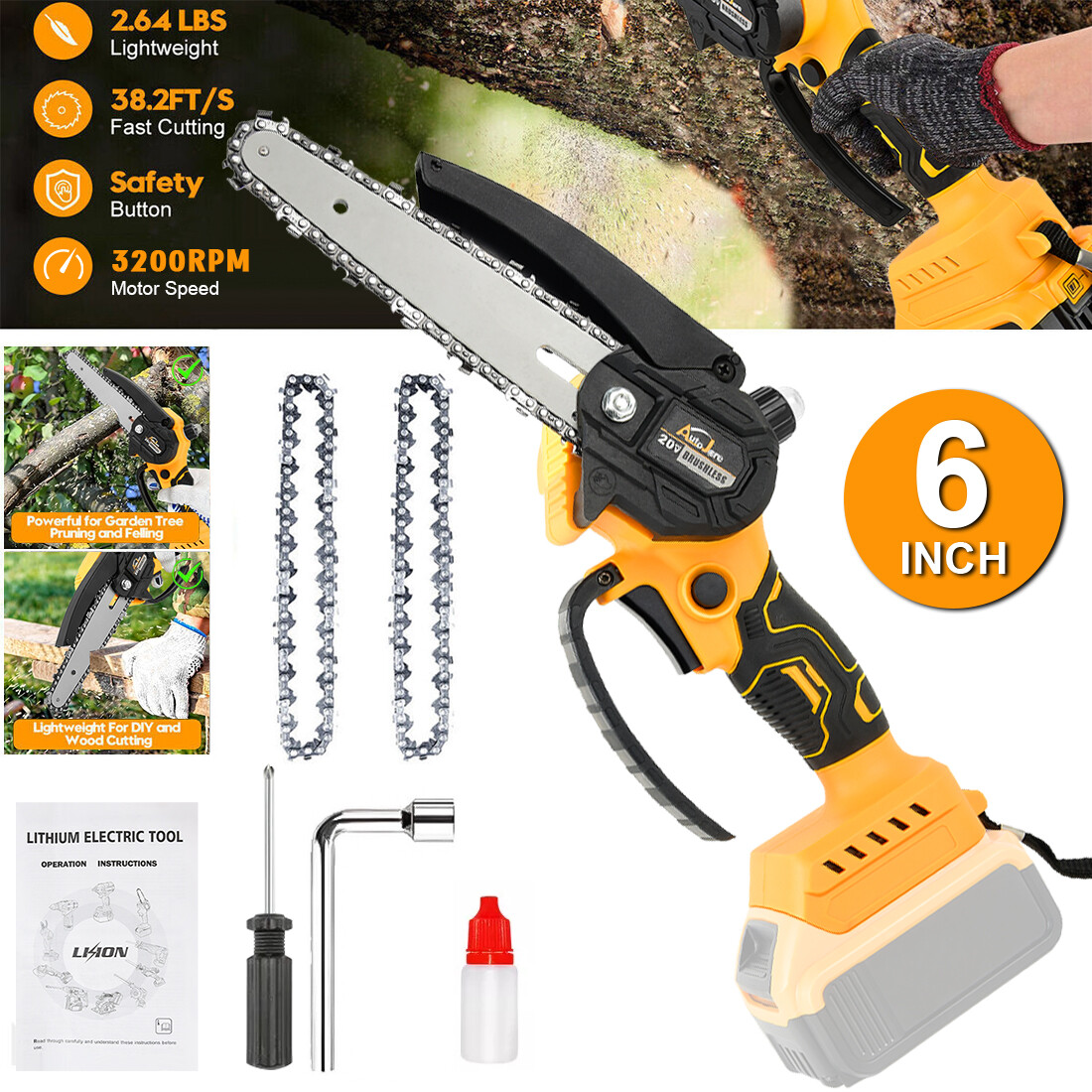 6” Mini Chainsaw for Dewalt 20V Battery,Handheld Portable Electric Chain saw