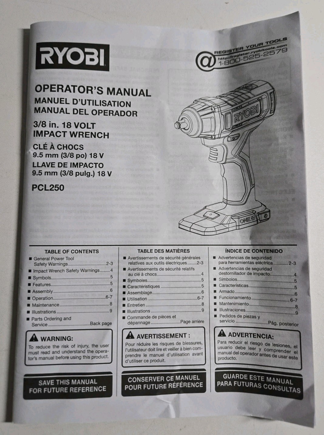 Ryobi PCL250 One+ 18V 3/8” Impact Wrench With Friction Ring Tool Only
