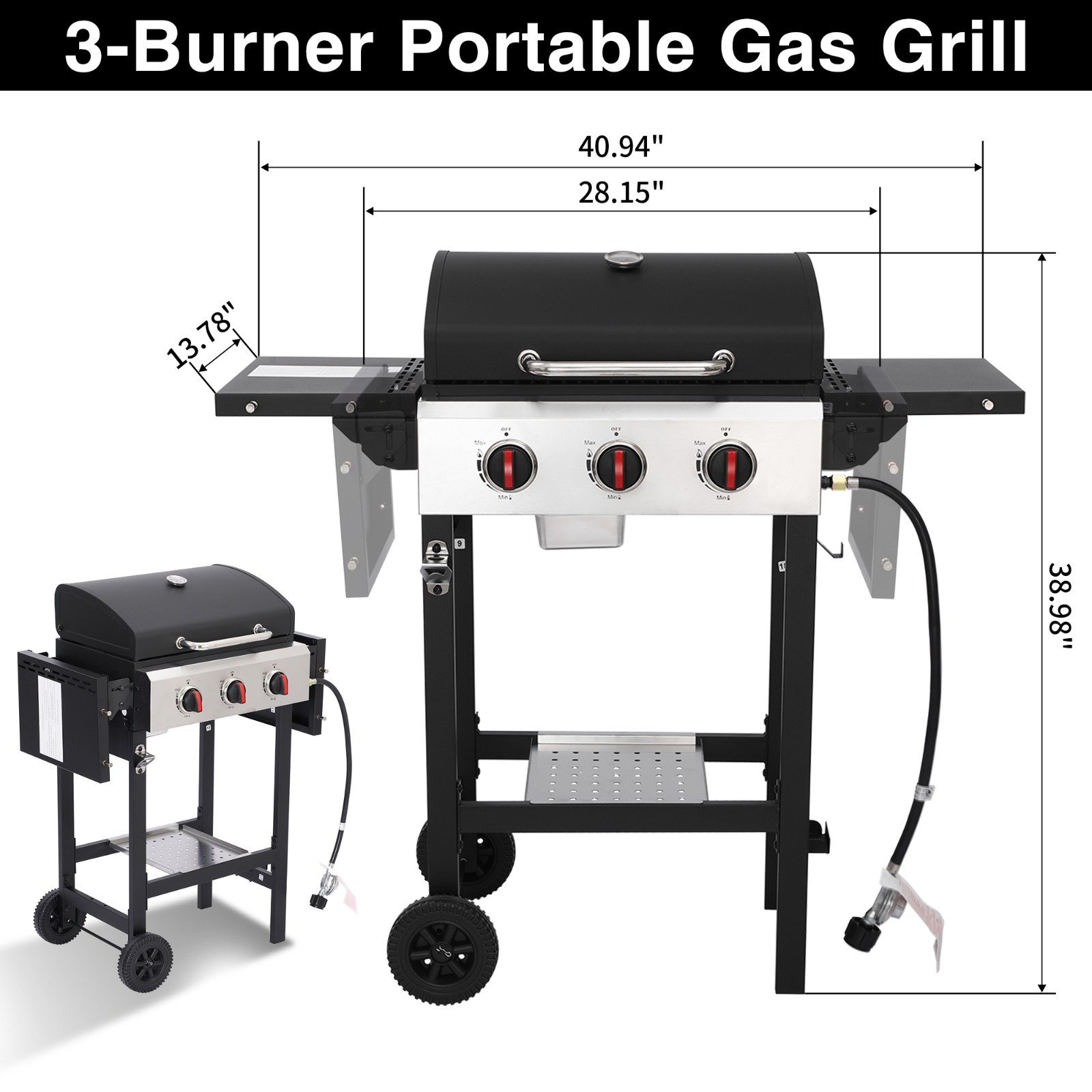 3-Burner Propane Gas Grill with Folding Side Tables, Cast Iron Grate and Pan