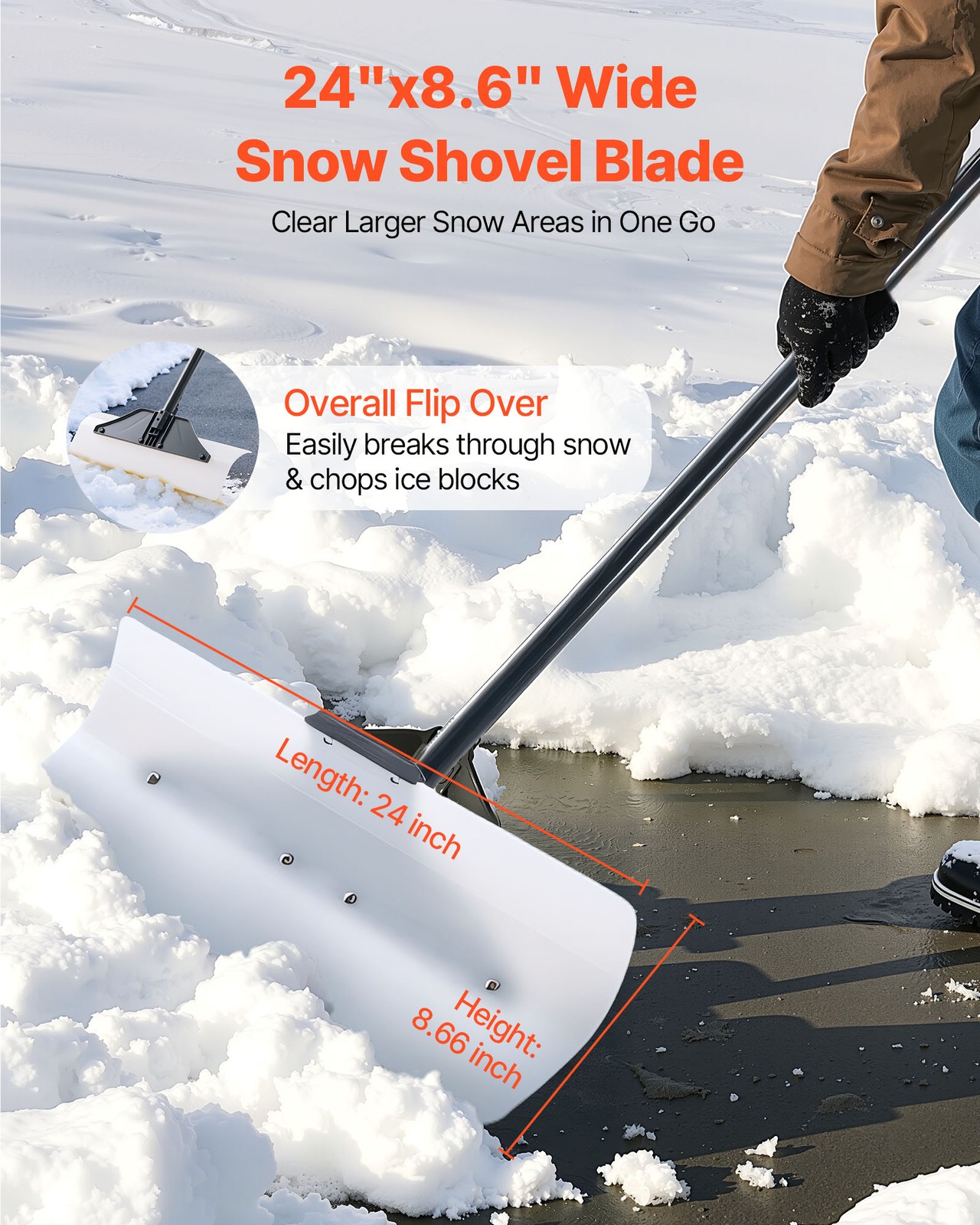 VEVOR Plastic Snow Pusher Shovel 24in Heavy Duty Plow Driveway Ergonomic Grip
