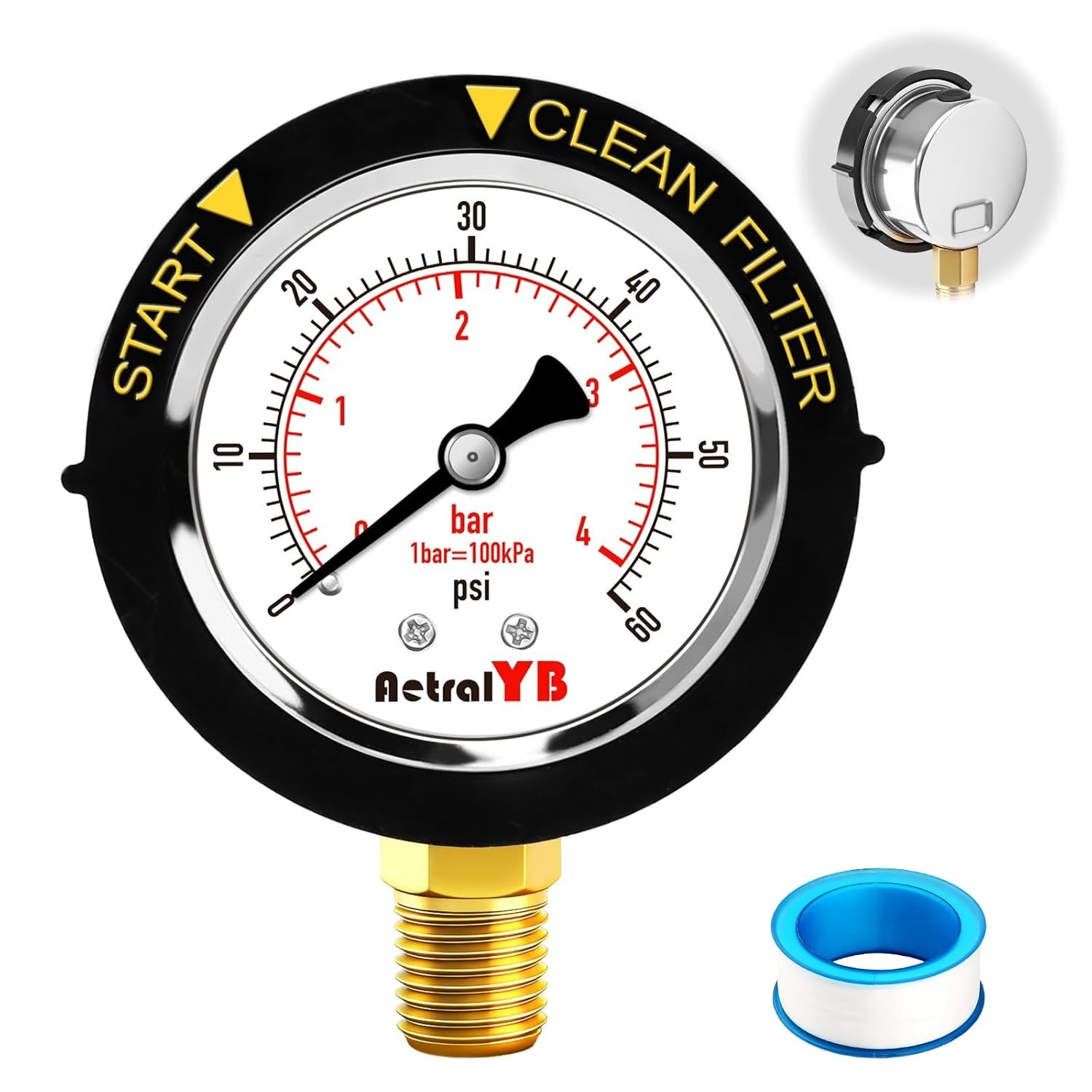 Pool Filter Pressure Gauge, 304 Stainless Steel, IP67 Waterproof, 0-60 Psi/Bar,