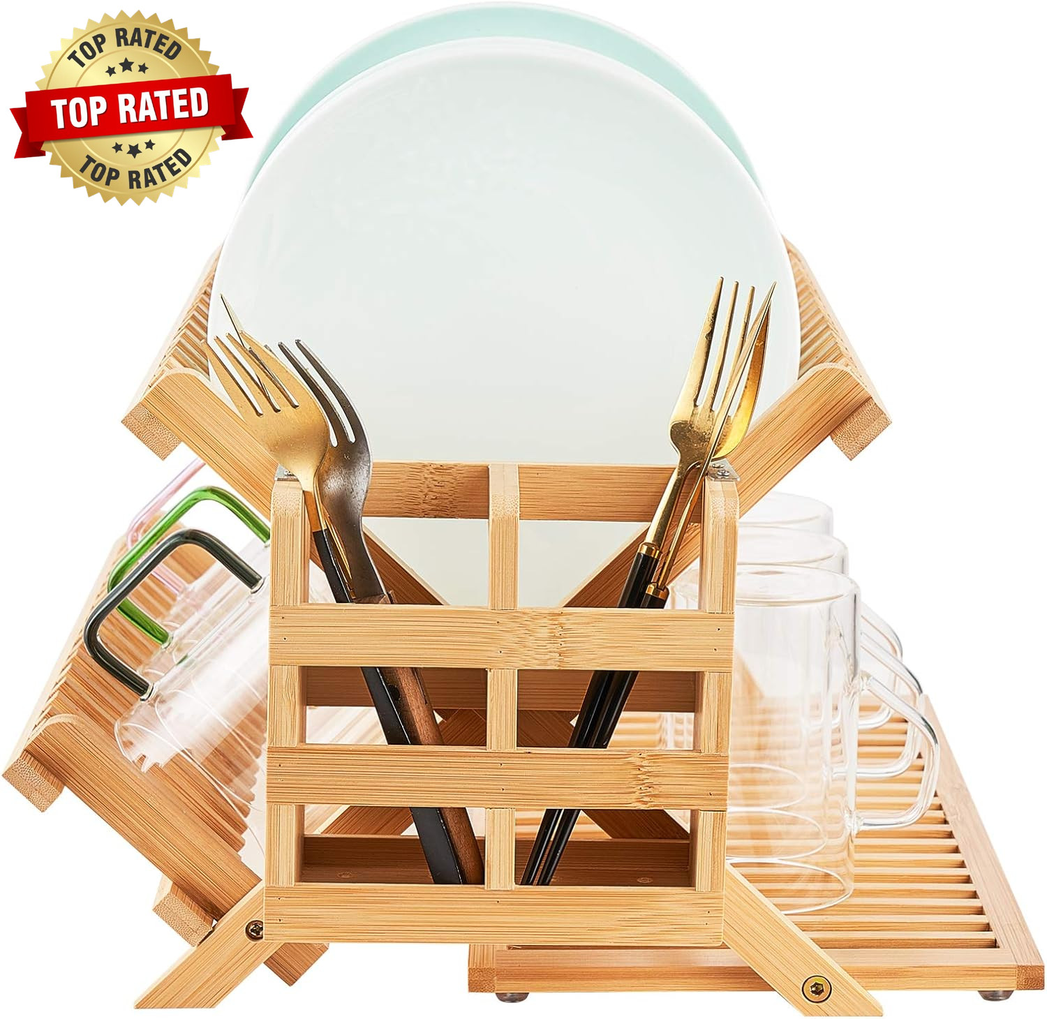Bamboo Dish Drying Rack, 3 Tier Collapsible Wooden Dish Drainer Rack with Utensi