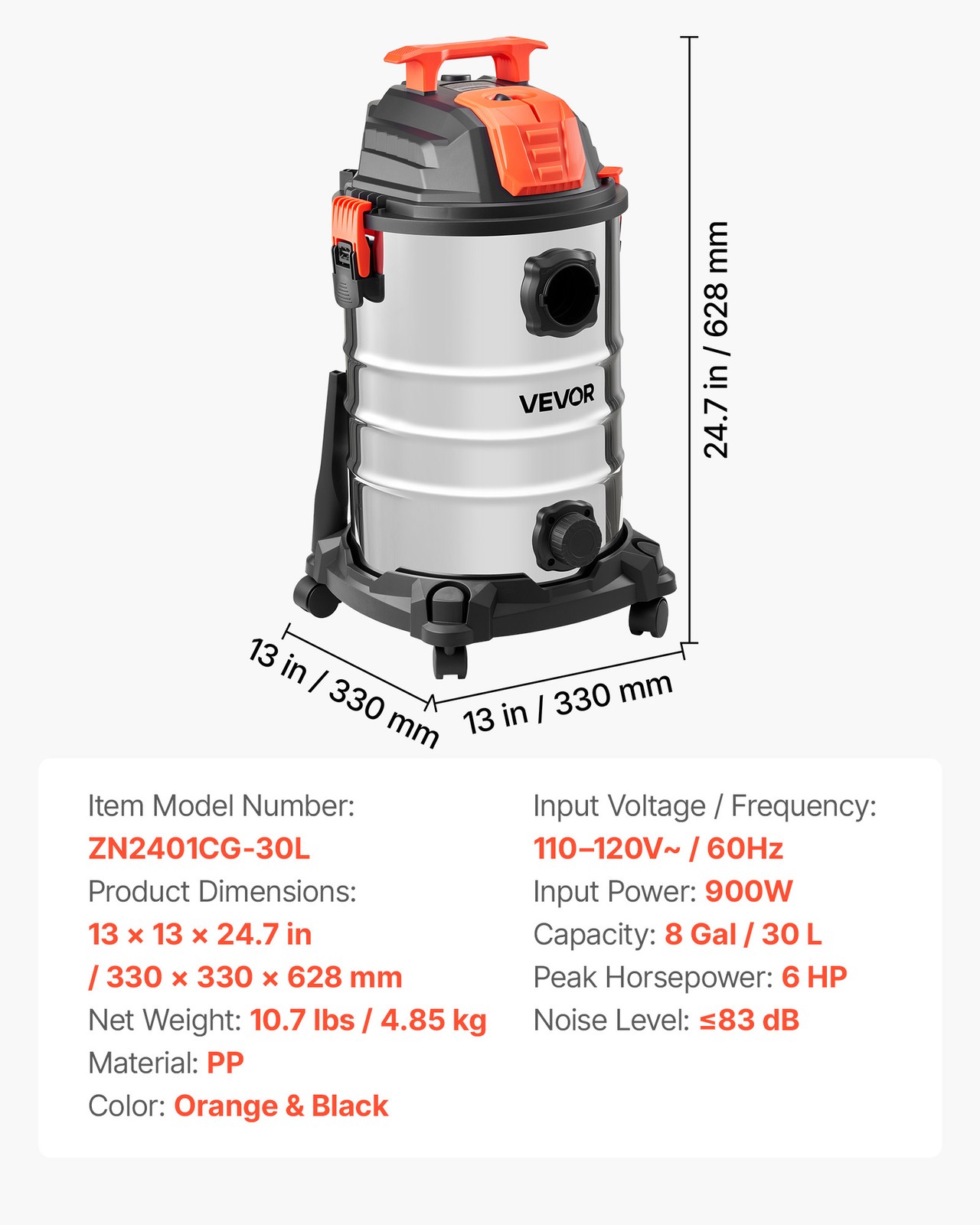 VEVOR 8 Gal Wet Dry Shop Vac 6HP Self-Cleaning 900W Metal Tank for Jobsite