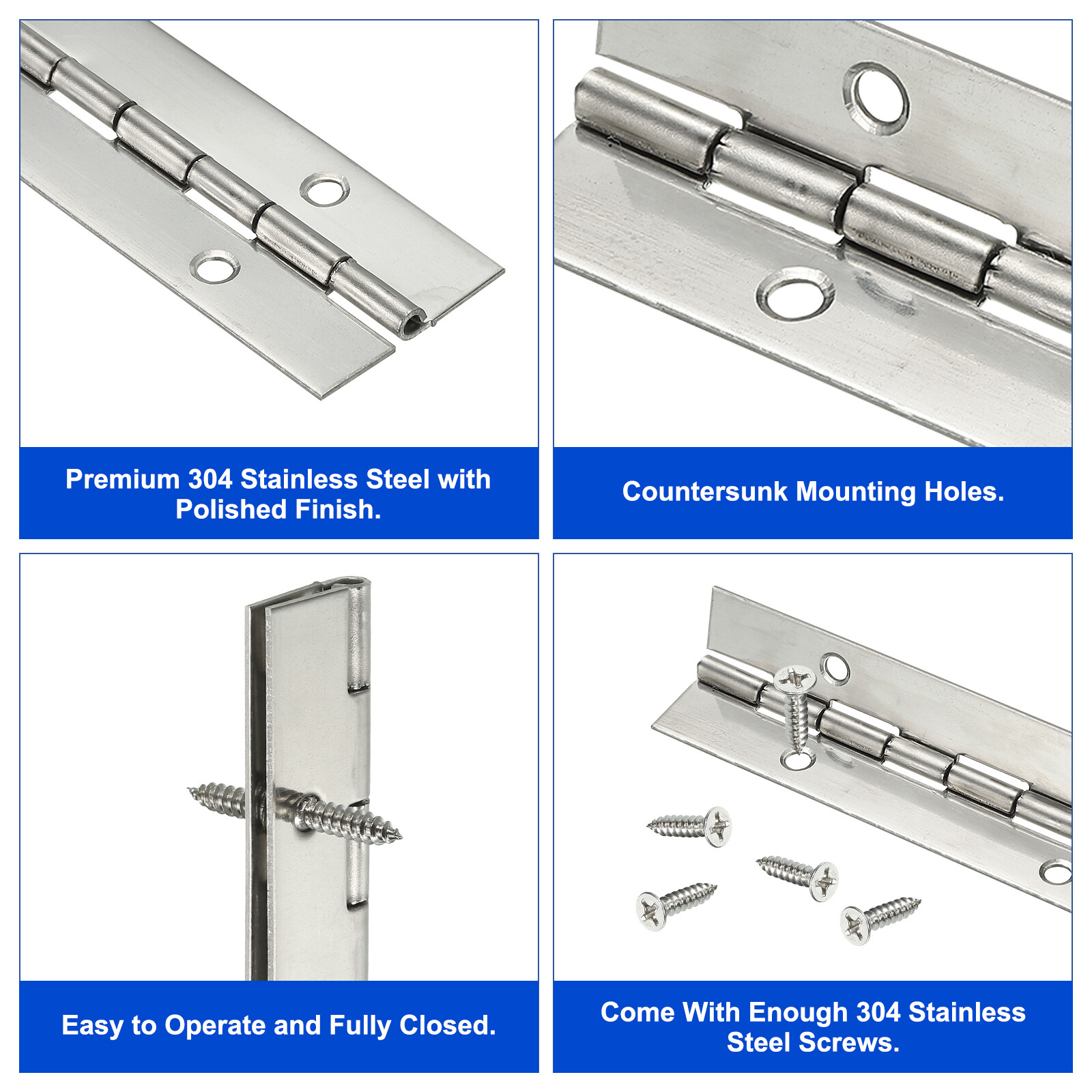 2pcs Stainless Steel Piano Hinge 20 Inch Continuous Boat Hinge Silver
